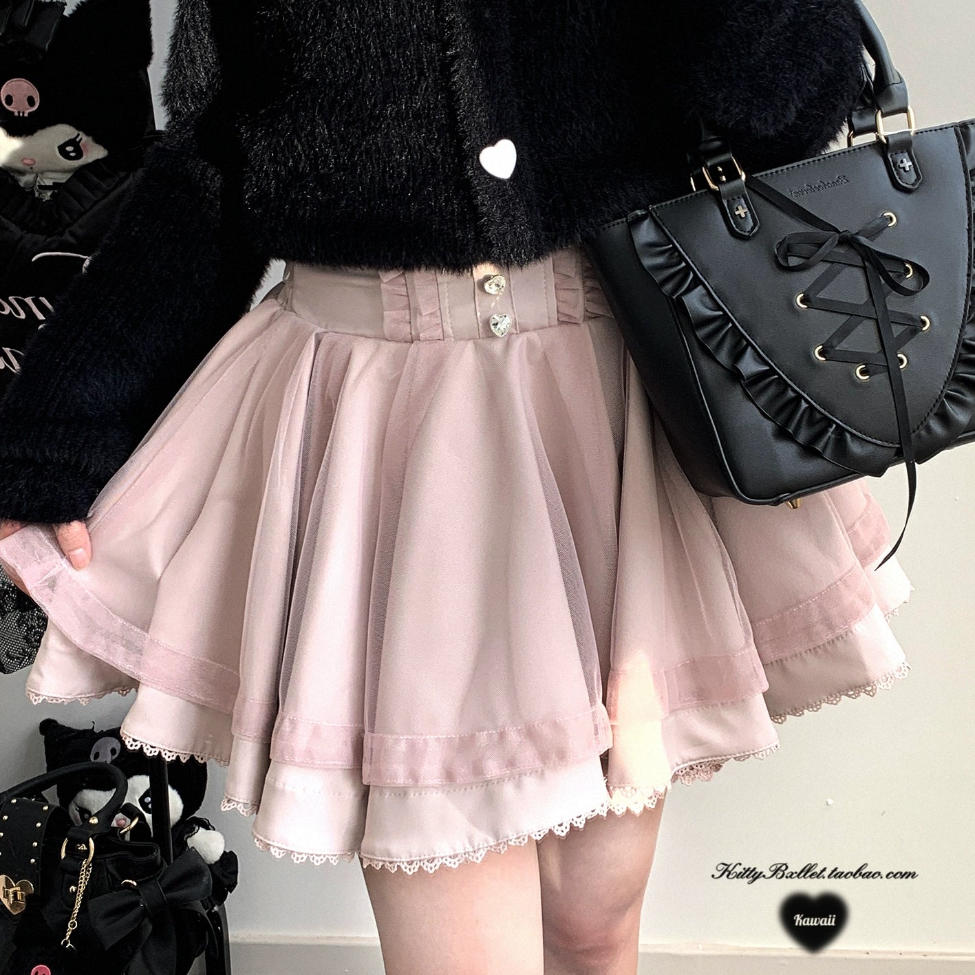 White and all color variants of double-layered tulle Jirai Kei mini skirts in product photography collection display