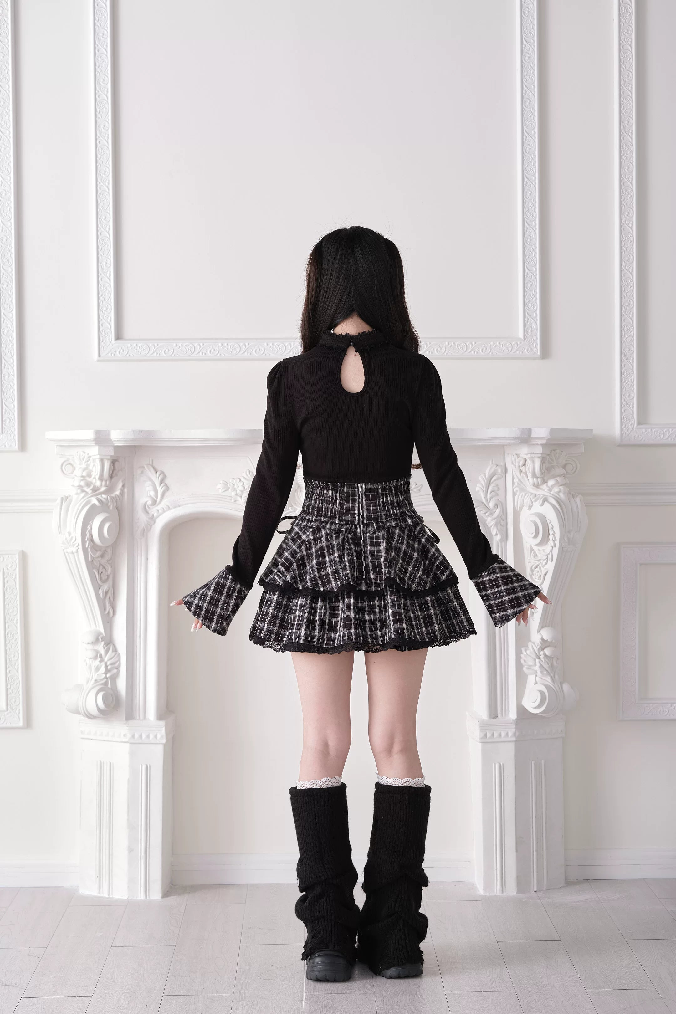 Black Jirai Kei choker knit top back keyhole design flared cuffs black boots layered plaid skirt
