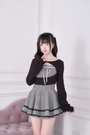 Black Ryousangata plaid dress with brown knit bolero and elastic shorts - sweet lolita Jirai Kei outfit front view