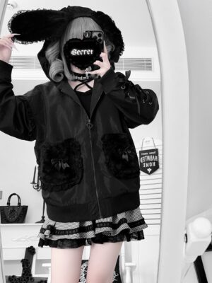 black bunny ear jirai kei coat fluffy hood bow pockets lace-up sleeves mirror selfie