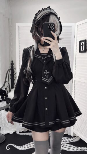 Black sailor collar JK uniform blouse with lantern sleeves and detachable cross-embroidered necktie, front mirror selfie view showcasing fitted waist and flared skirt design