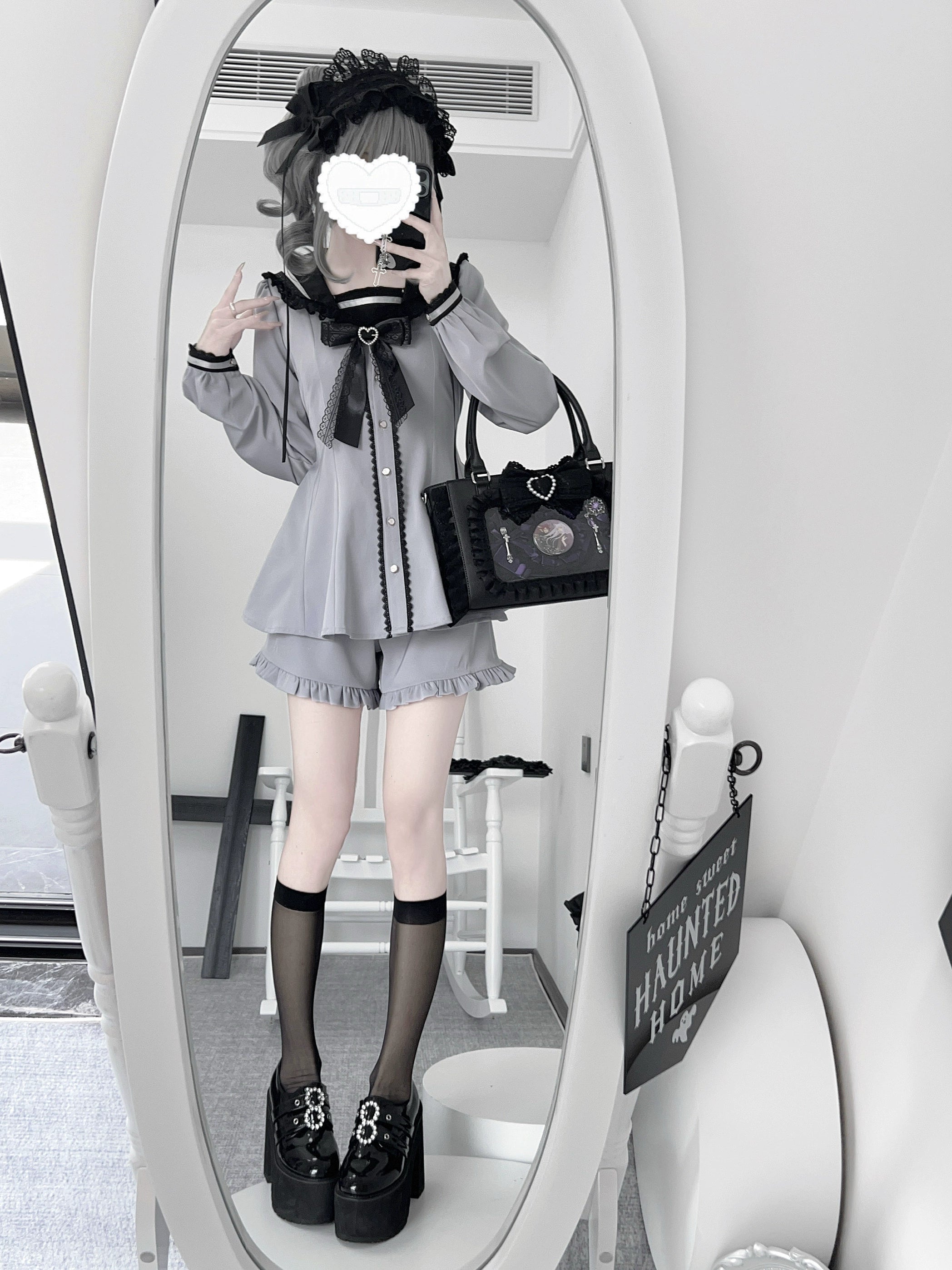Jirai Kei gray sailor collar dress with black stockings and platform loafers, full-body mirror selfie coordinate