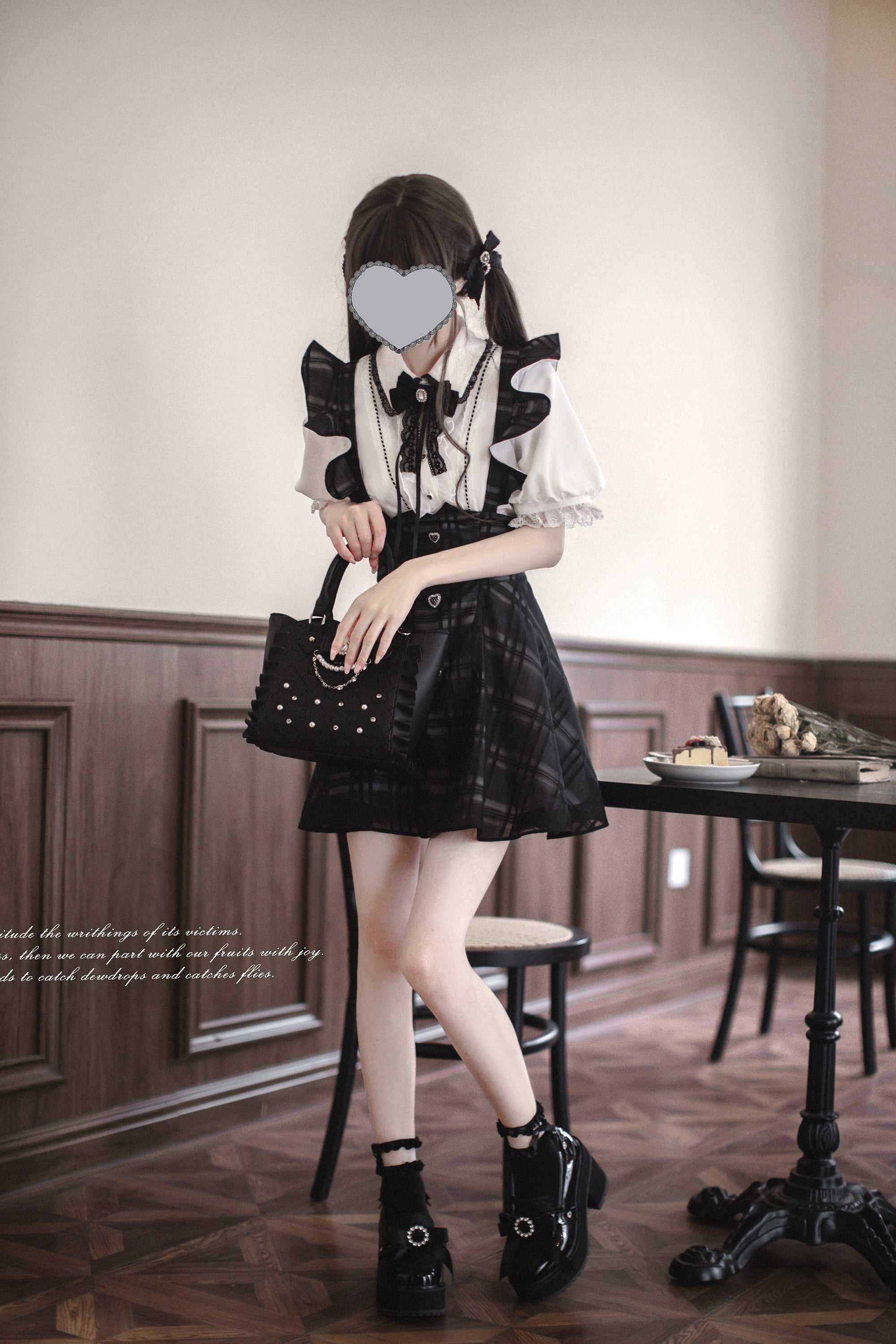 Black Plaid Jirai Kei Suspender Skirt, White Blouse - Image 16