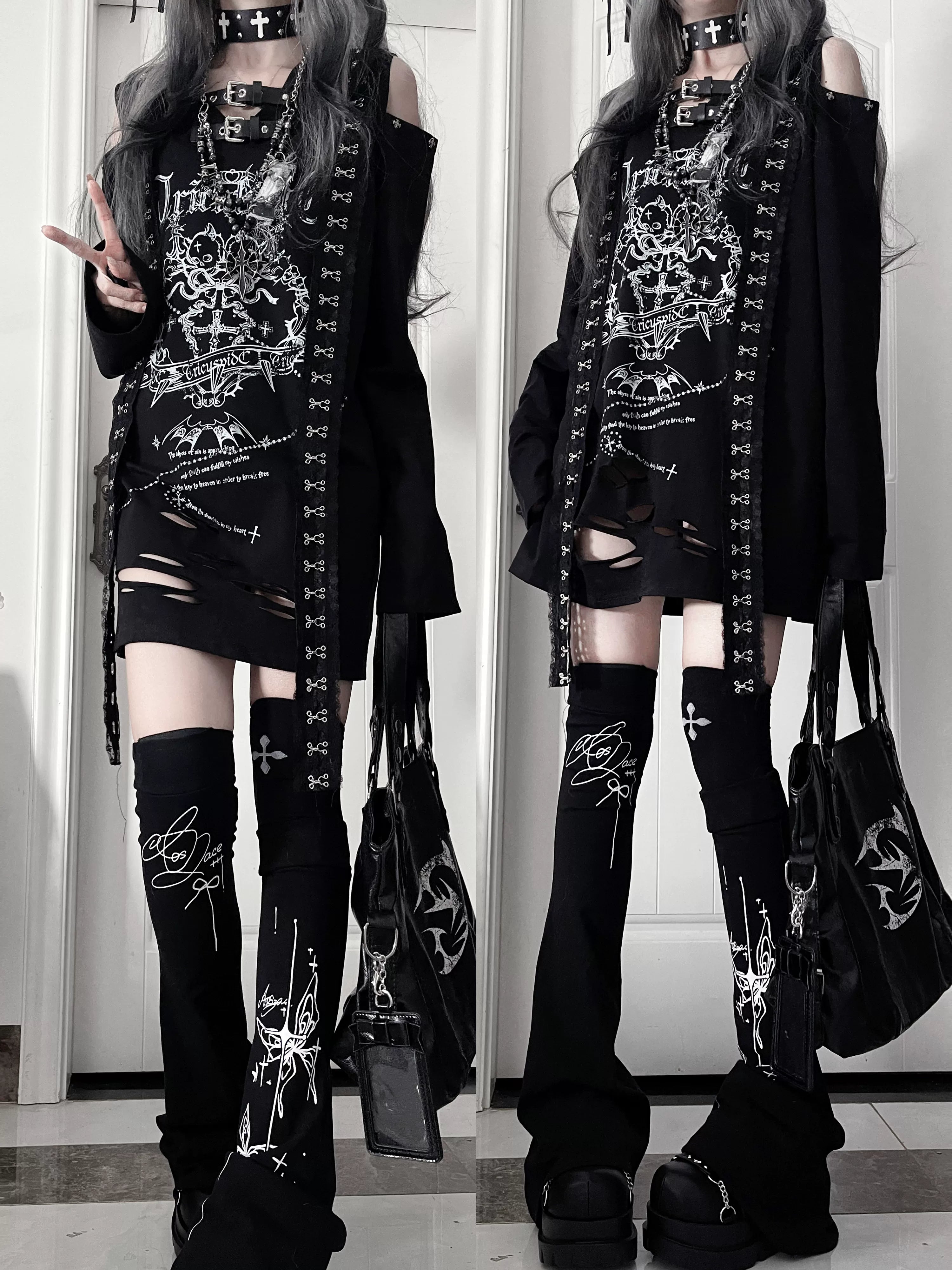 Dual side-by-side full-body views of black goth long-sleeve top with printed thigh-high socks, crossbody bags, and cut-out shoulder design, showcasing versatile Jirai Kei styling options