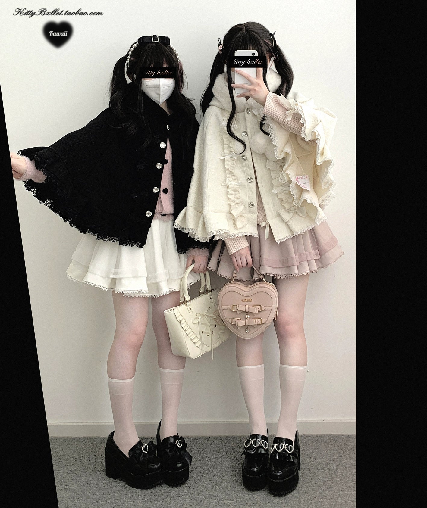 White and light pink double-layered tulle mini Jirai Kei skirts with ruffled hem worn by two girls in frayed black outerwear with platform loafers and heart-shaped handbags full-body view