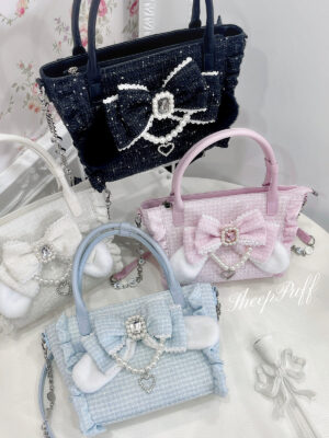 ryousangata plaid jirai kei handbag overhead flat lay with bow crystal charm and plush ear decorations multicolor display