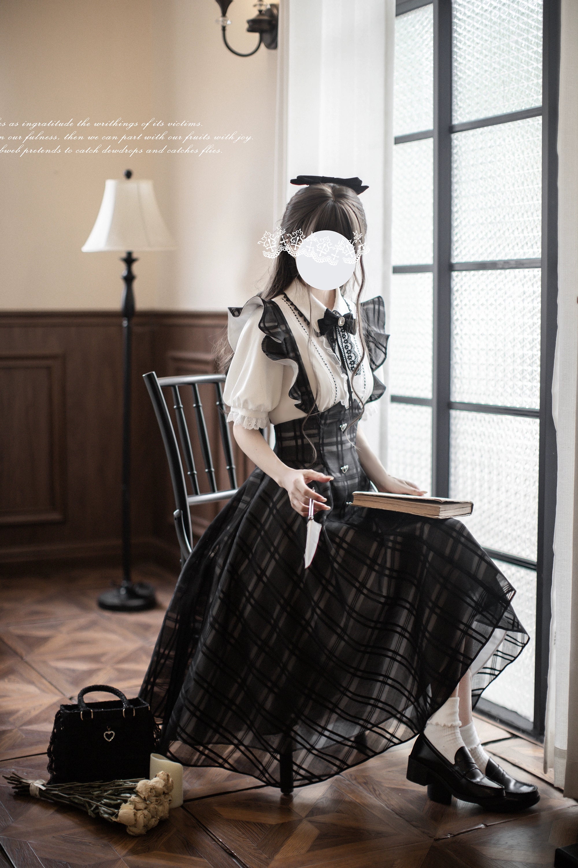 Black Plaid Jirai Kei Suspender Skirt, White Blouse - Image 8