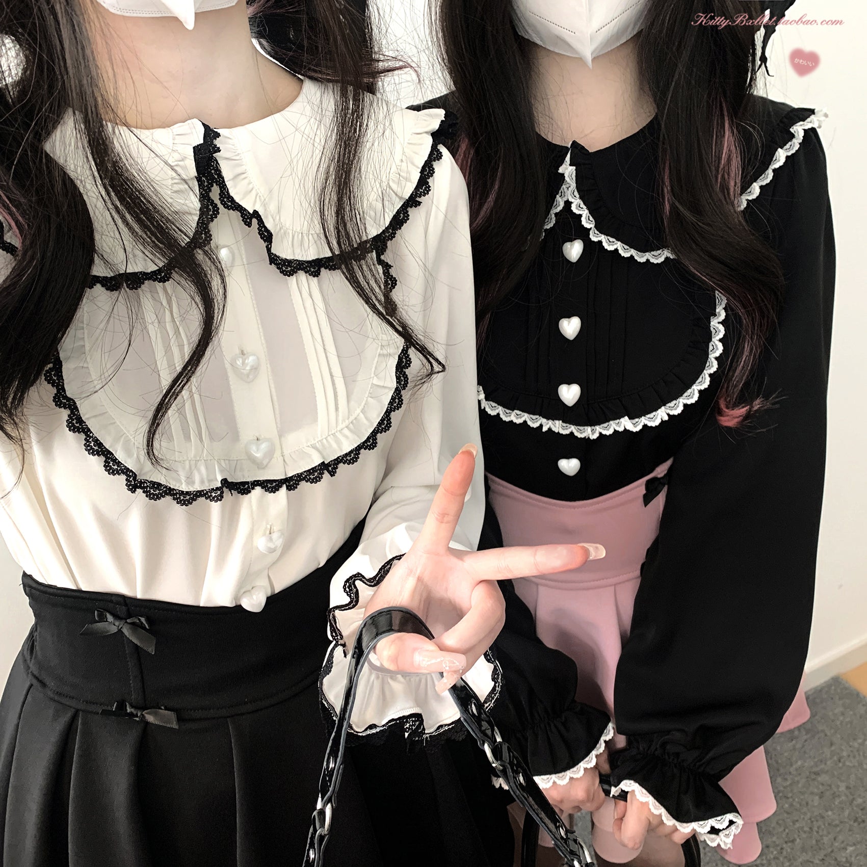 Jirai Kei peter pan collar blouse ruffled neckline lace cuff heart button close up detail