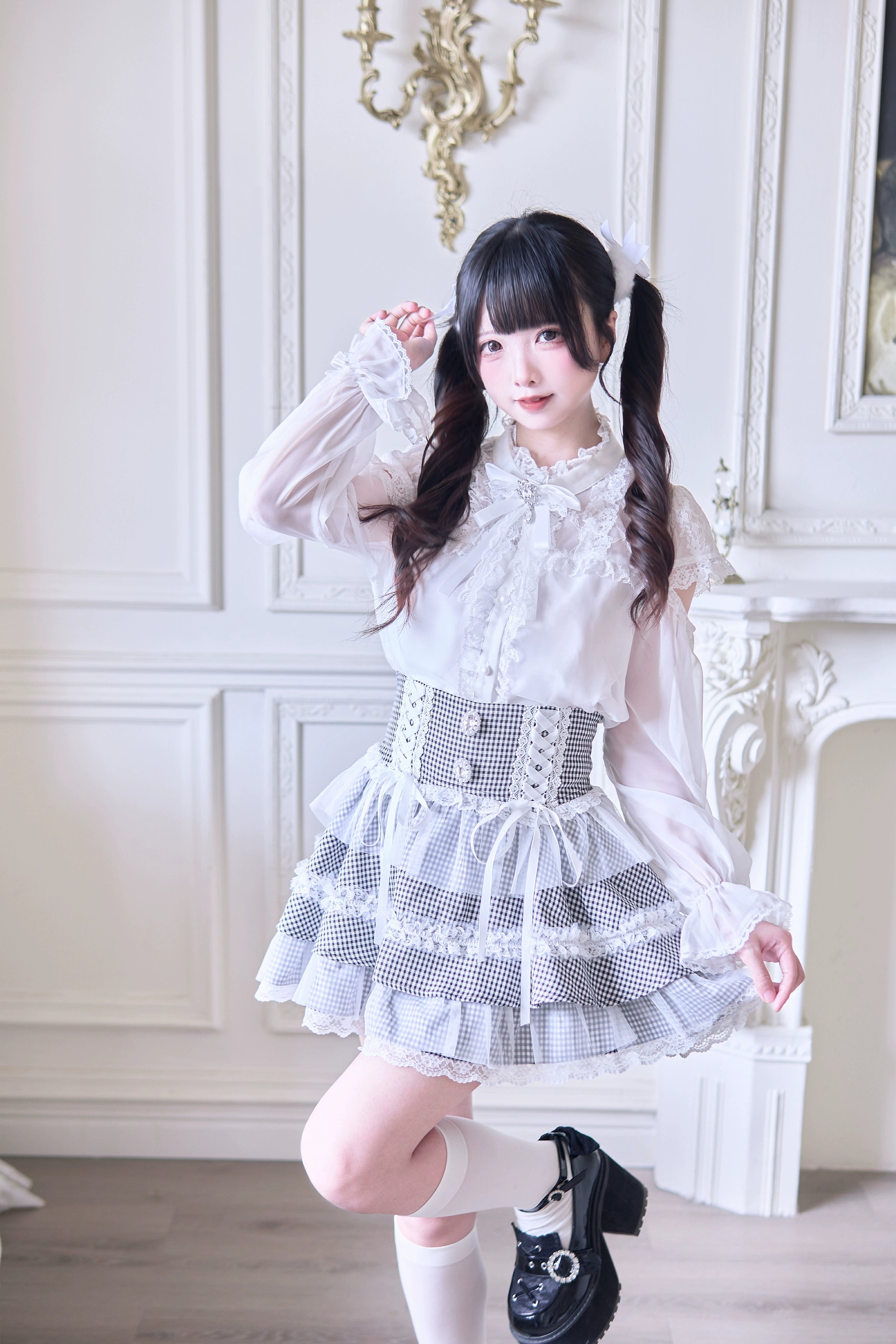 Styling inspiration and coordinate suggestions for Jirai Kei tiered ruffle skirt with accessory pairings