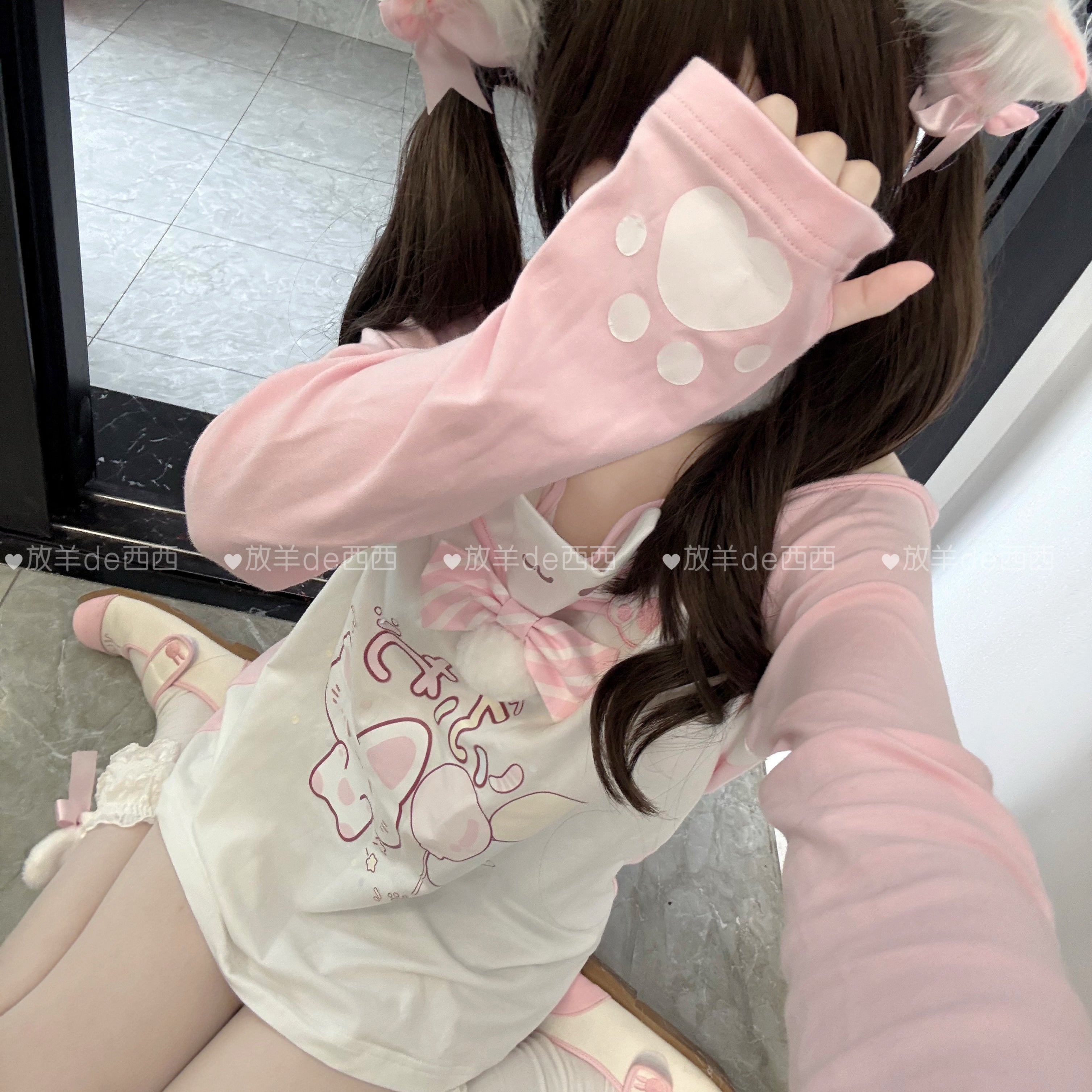 Rabbit-themed elastic thigh band accessory in Jirai Kei style featuring cute bunny print design, coordinating leg wear detail shot for complete head-to-toe outfit coordination and styling possibilities