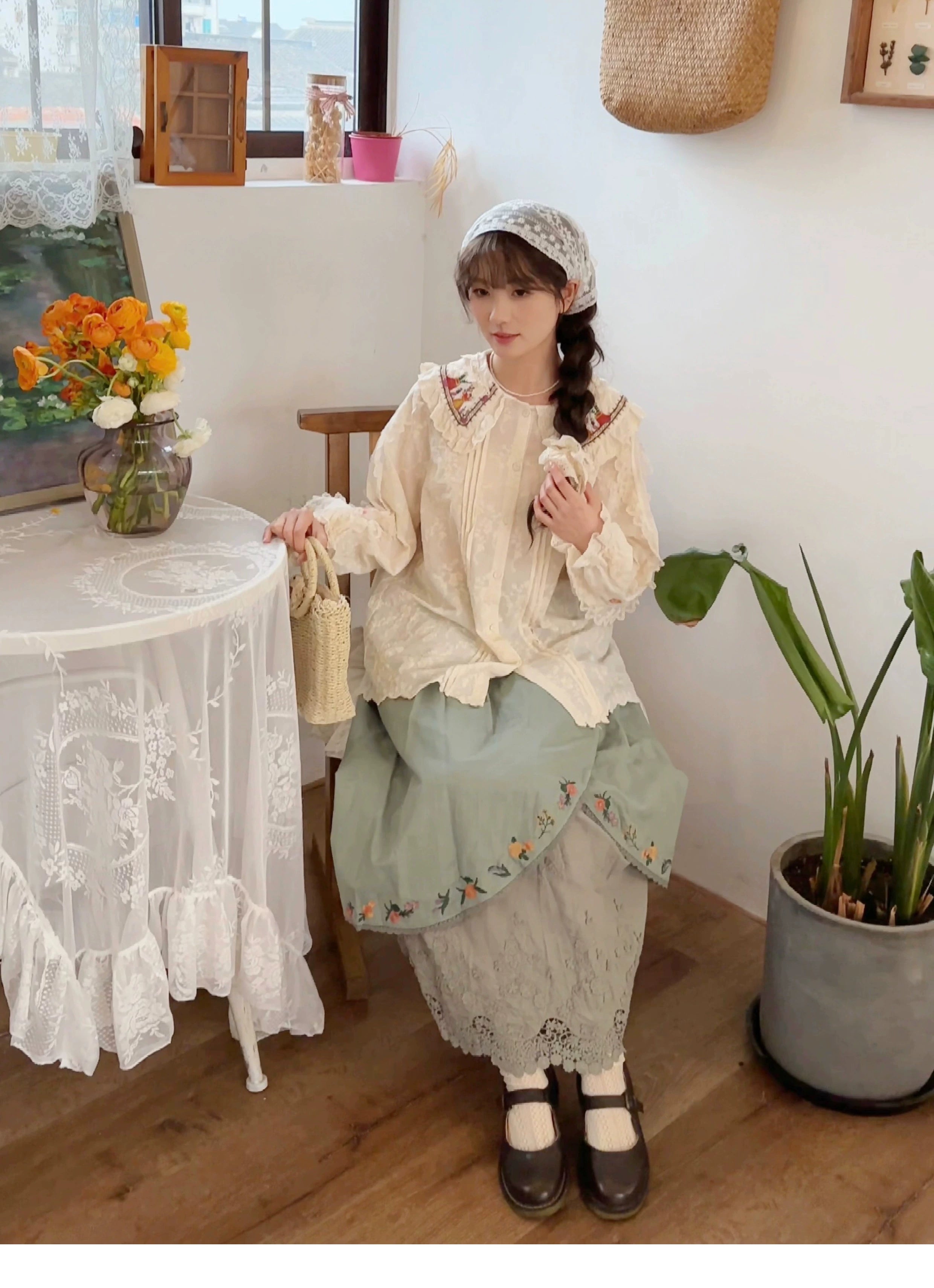 Mori style embroidered skirt grey-blue dusty tone perfect for moody atmospheric coordinates