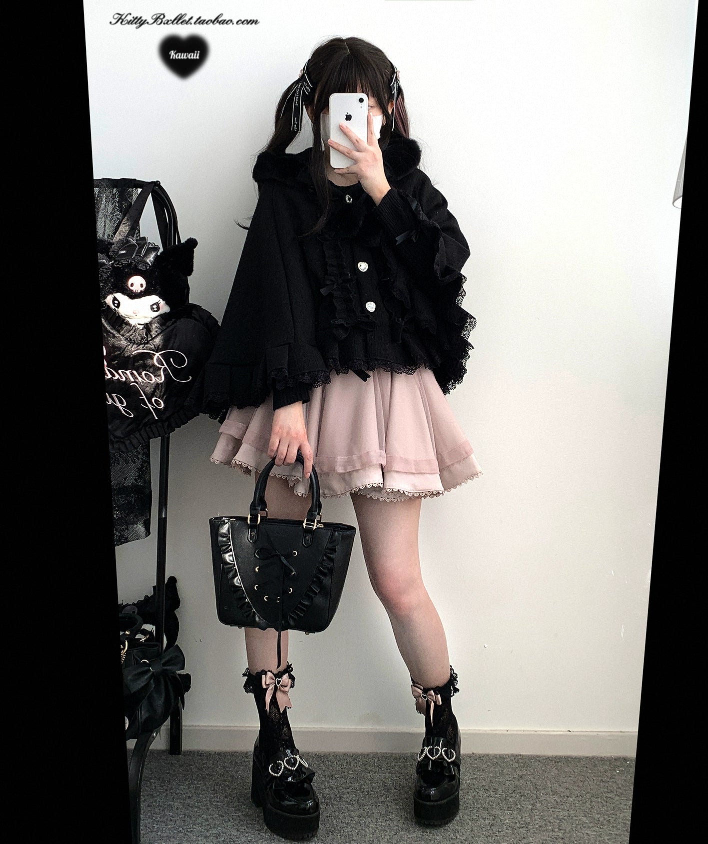 Black tulle Jirai Kei mini skirt ruffled hem detail showcasing the polyester tulle texture and layered construction