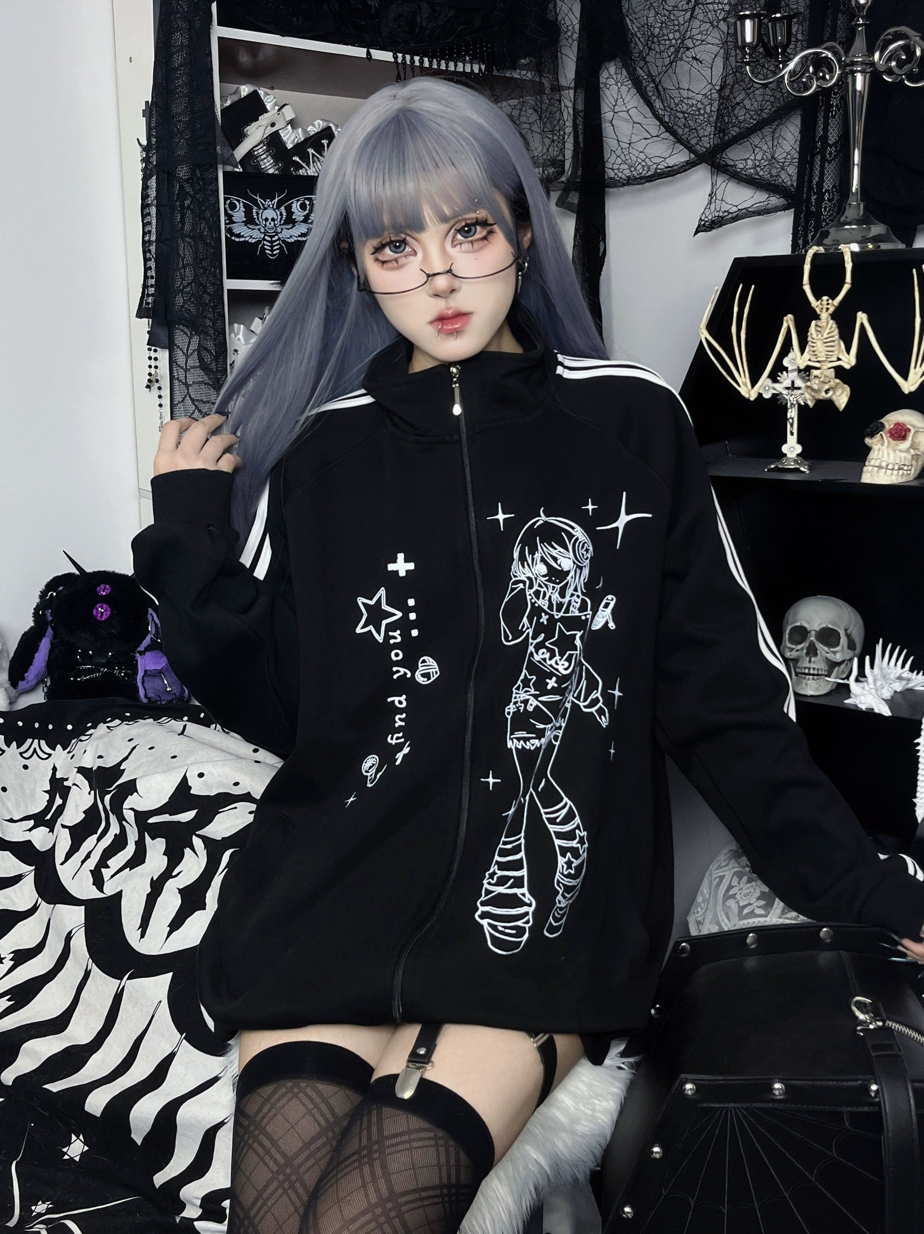 casual loose fit black stand collar zip-up jacket seated front view showing stand collar design detail and oversized proportions