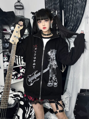 Jirai Kei anime graphic hoodie side-front angle showing loose fit and full zip closure on model with bass guitar
