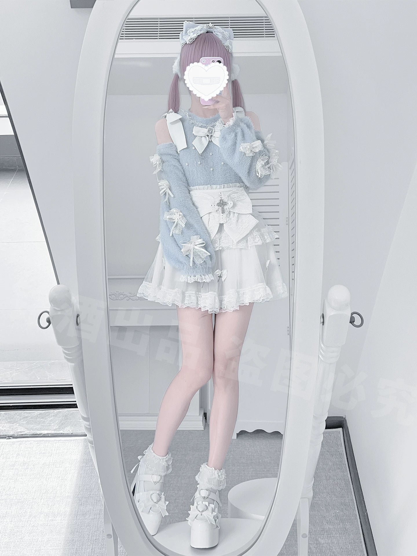 Blue and white off-shoulder gothic lolita two-piece set back perspective, layered tulle skirt with bow hair accessory and white platform boots, rear styling shot