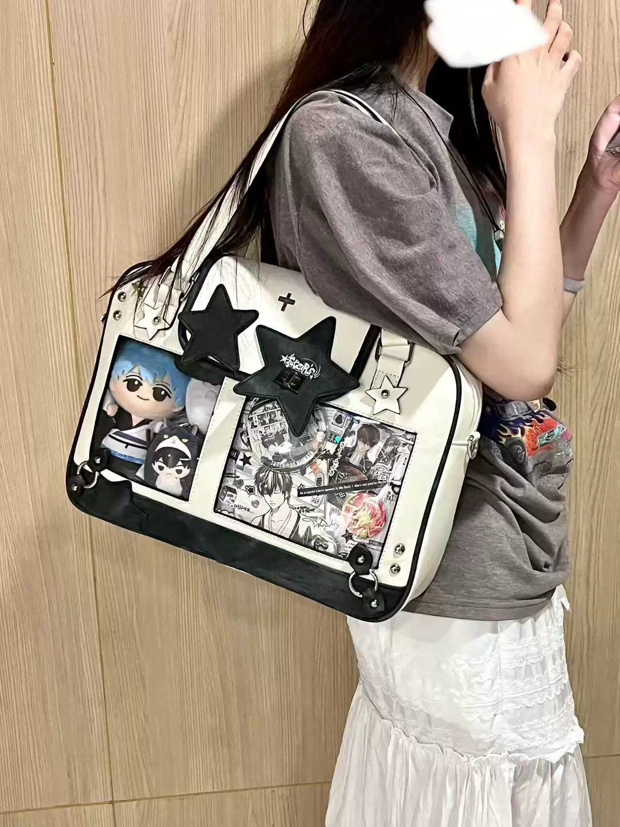Pink white Jirai Kei star itabag kawaii aesthetic anime collectible display bag closeup