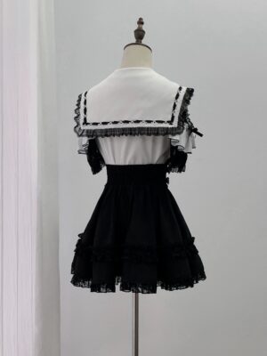 Jirai Kei two-piece sailor lolita set back view showing cold shoulder ruffled sleeves and shirred high waist skirt with heart accents