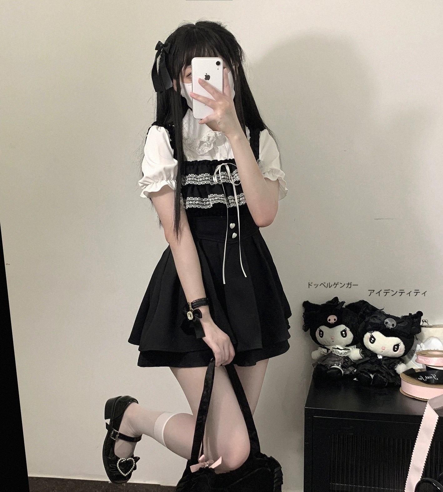 Black Jirai Kei lace collar blouse with white puff short sleeves, gothic twin-tailed hairstyle, mirror selfie side front angle with pleated mini skirt