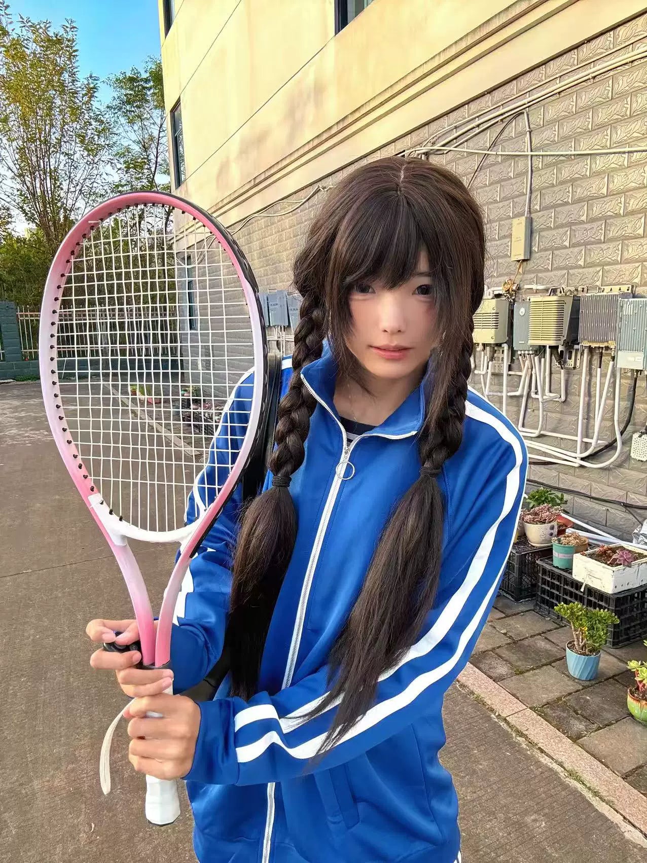 Royal blue Jirai Kei track jacket with white sleeve stripes worn by model with twin braids outdoor paved setting front view