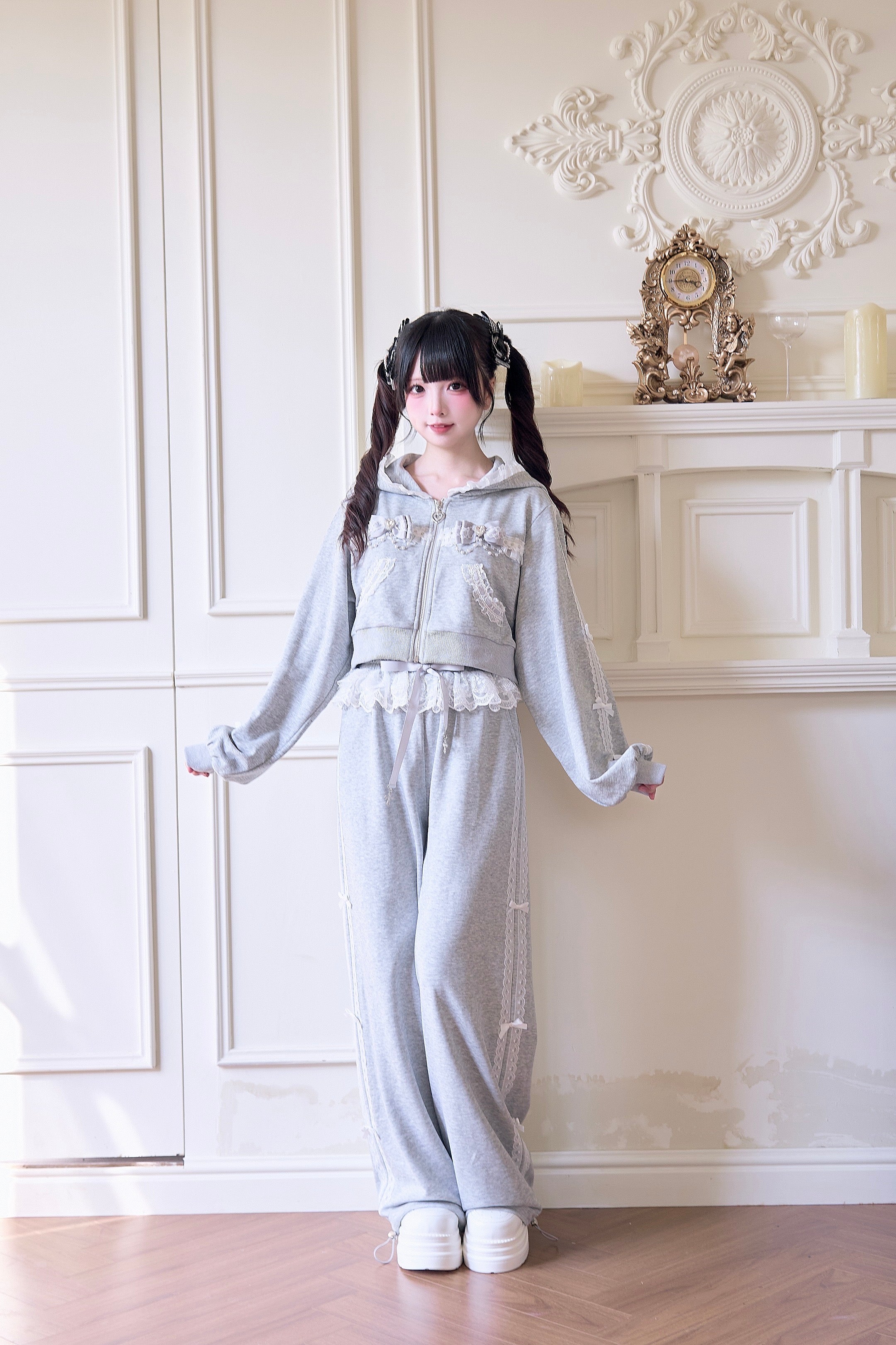 Gray Jirai Kei lace sport hoodie with wide-leg pants front full-body shot model in vintage indoor room