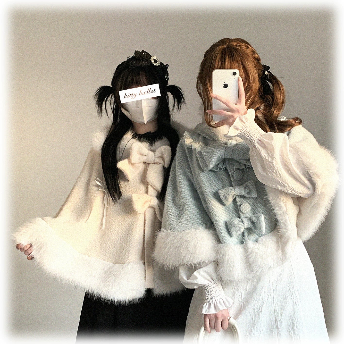 Model wearing mint cat-ear hooded cape paired with coordinating Lolita accessories, demonstrating complete Jirai Kei outfit construction