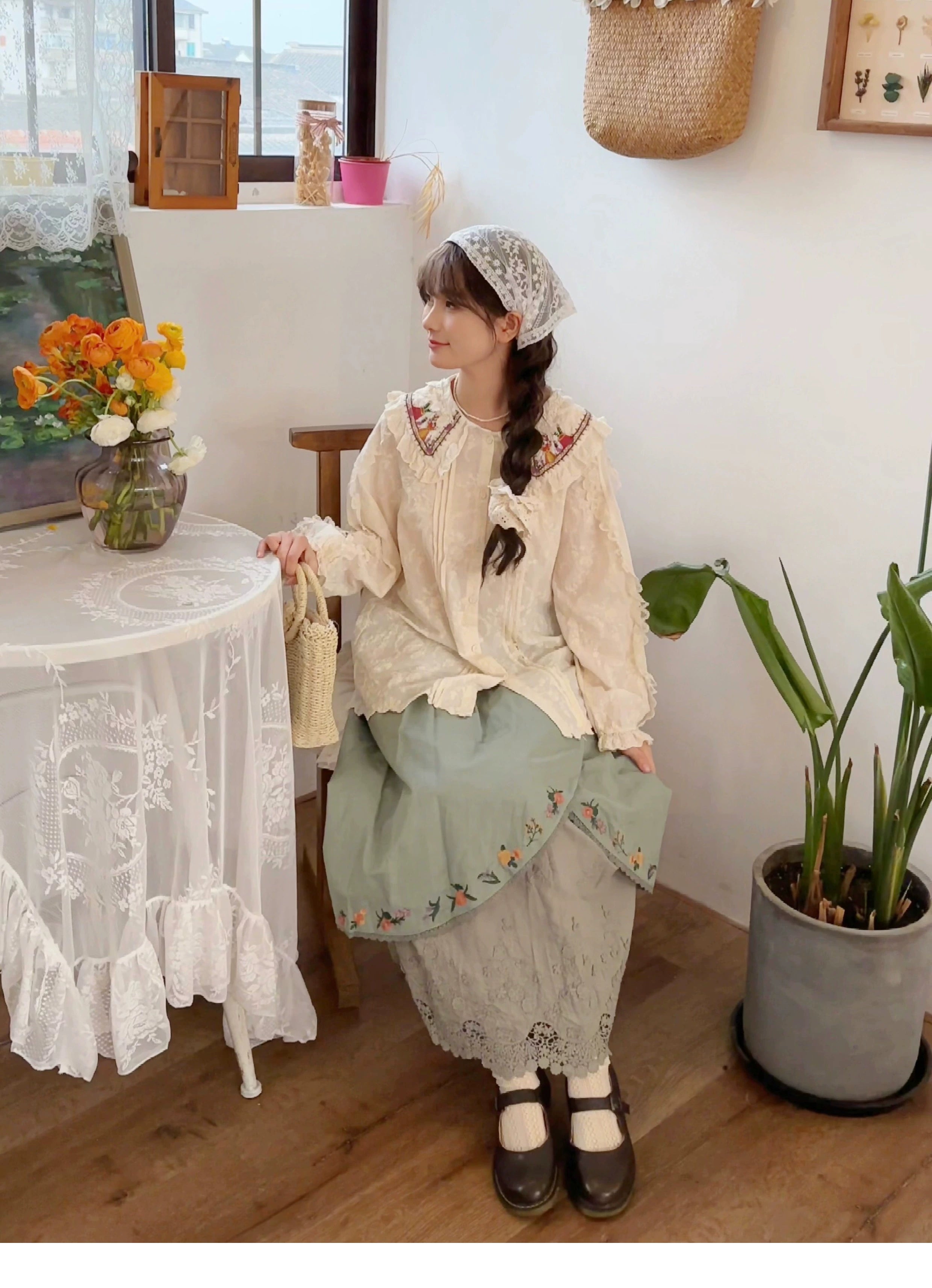 Mori kei forest aesthetic embroidered linen skirt perfect for garden party cottage core events