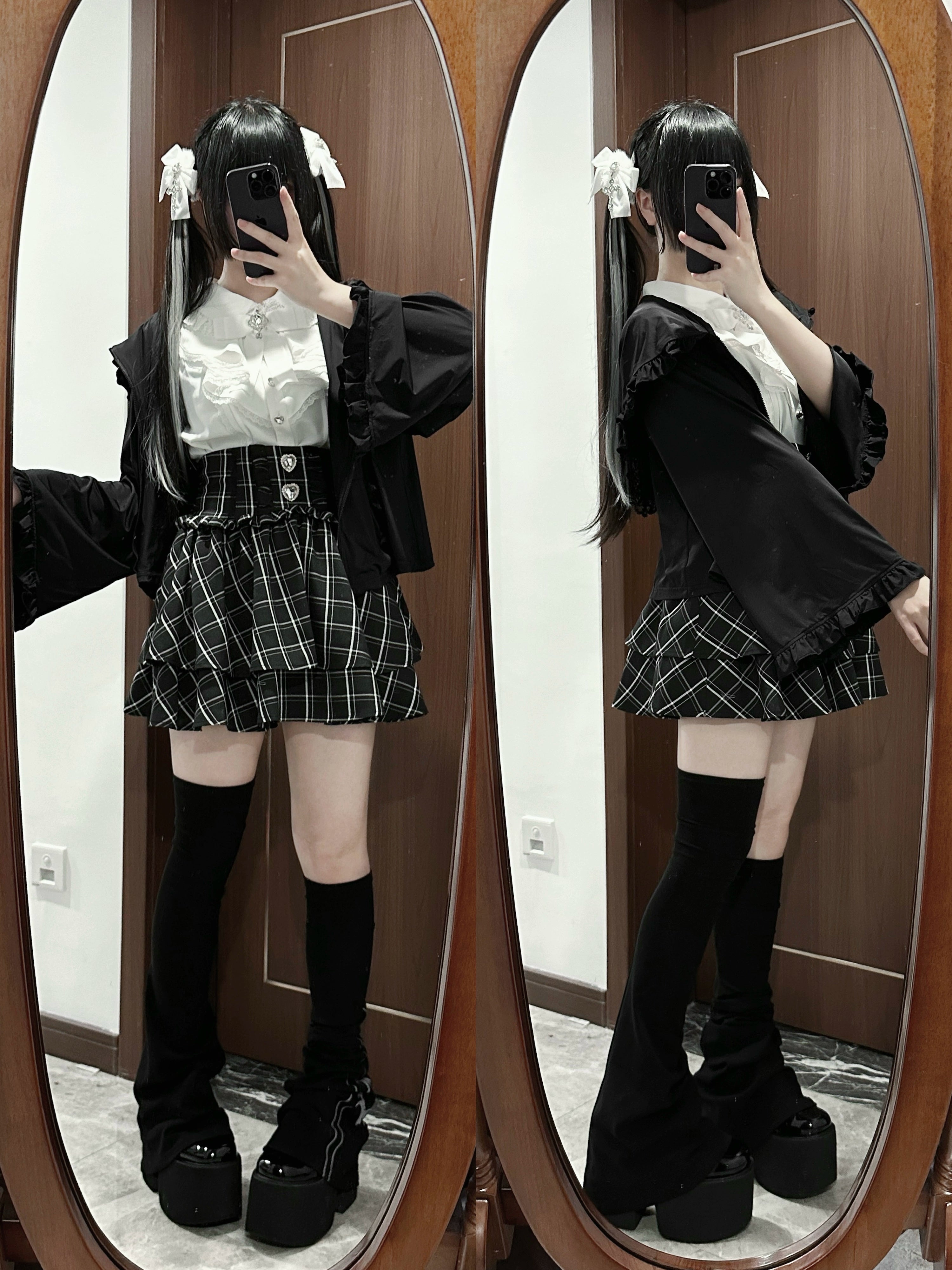 Matching Jirai Kei outfit set including cat ear hoodie jacket, frilled white blouse, and layered plaid skirt with hair ornaments, front and side mirror selfies