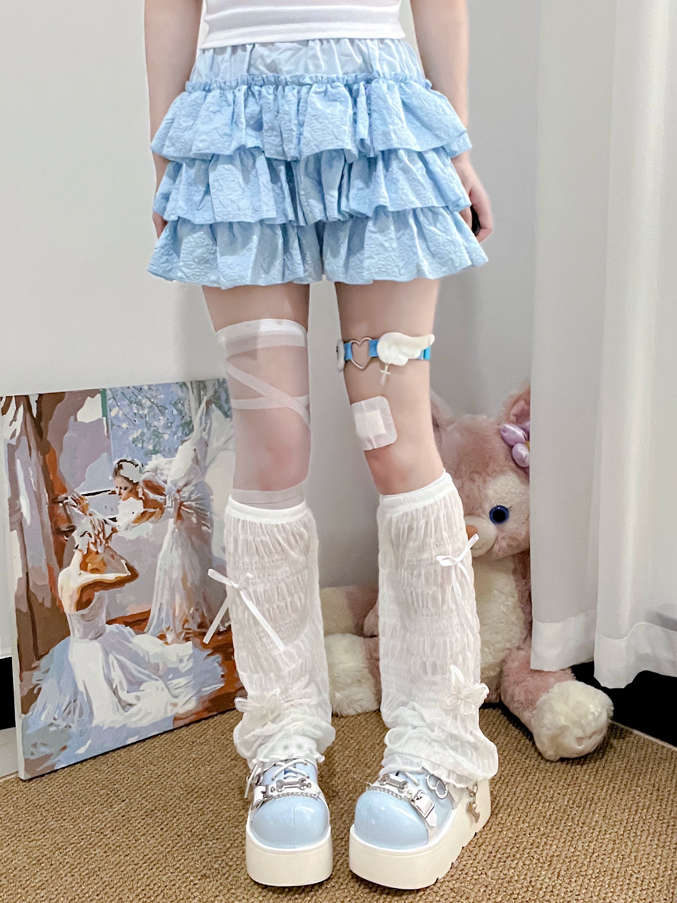 Jirai Kei white mesh ruched leg warmers with blue bow detail and blue ruffle skirt - full lower body studio view