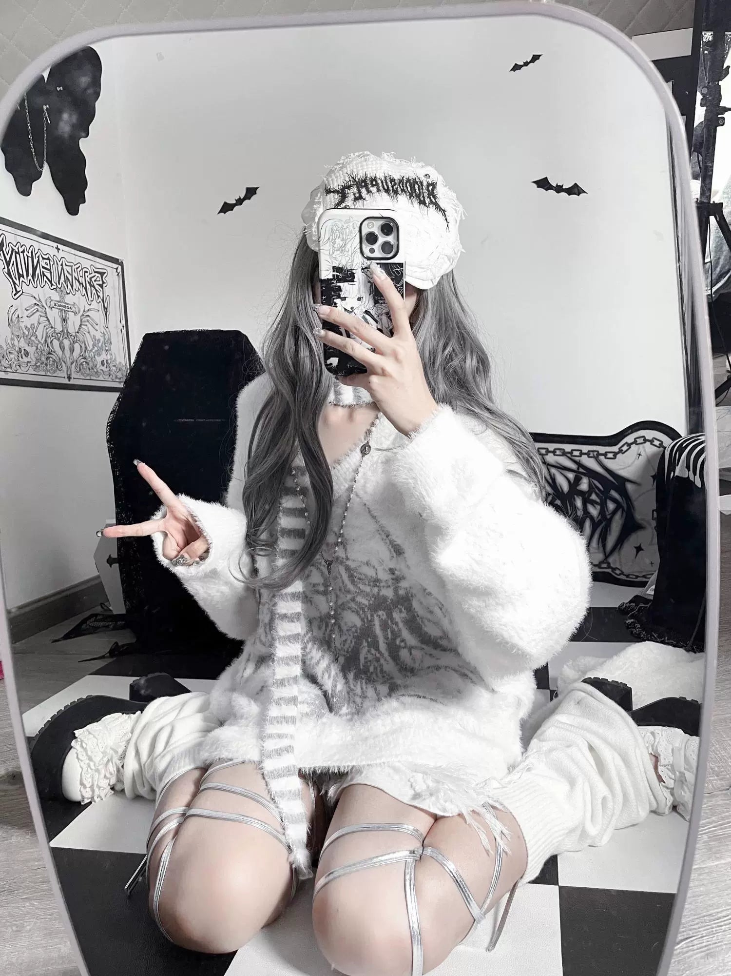 Jirai Kei V-neck sweater mirror selfie view gothic bedroom beret silver leg warmers straps