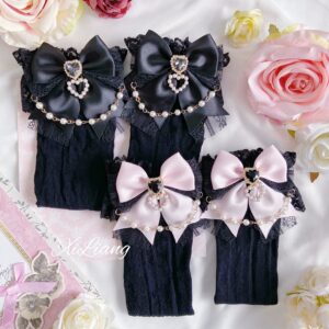 Jirai Kei pearl heart rhinestone lace bow socks flat lay collection black pink white light yellow detachable embellished bow satin aesthetic