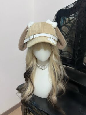 Brown puppy ear newsboy cap Jirai Kei kawaii hat with white leather buckle and fluffy trim on blonde ombre wig mannequin front view