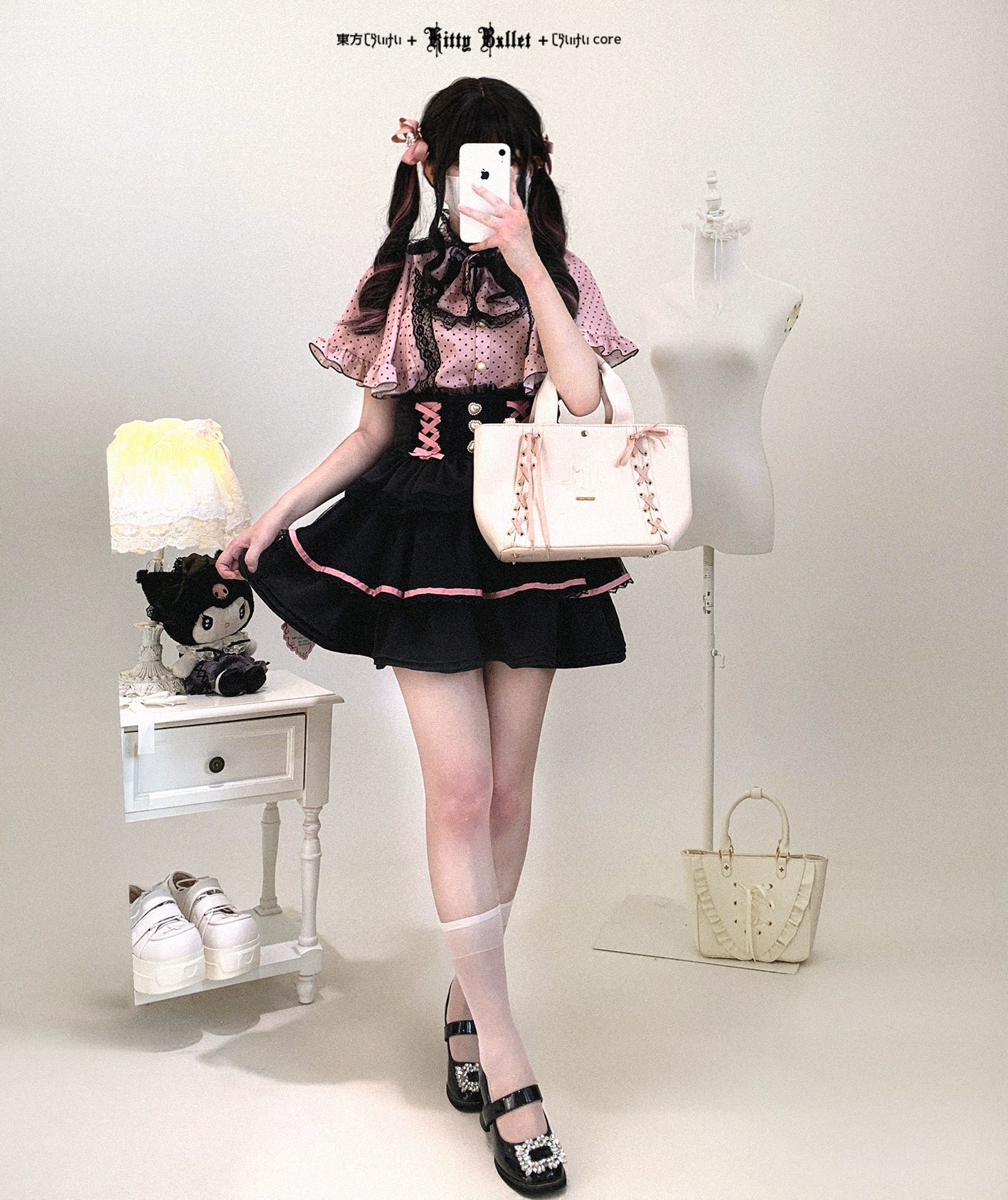 Pink and White Ryousangata Tiered Skirt Gallery View - Jirai Kei Color Block Ruffle High-Waist Showcase