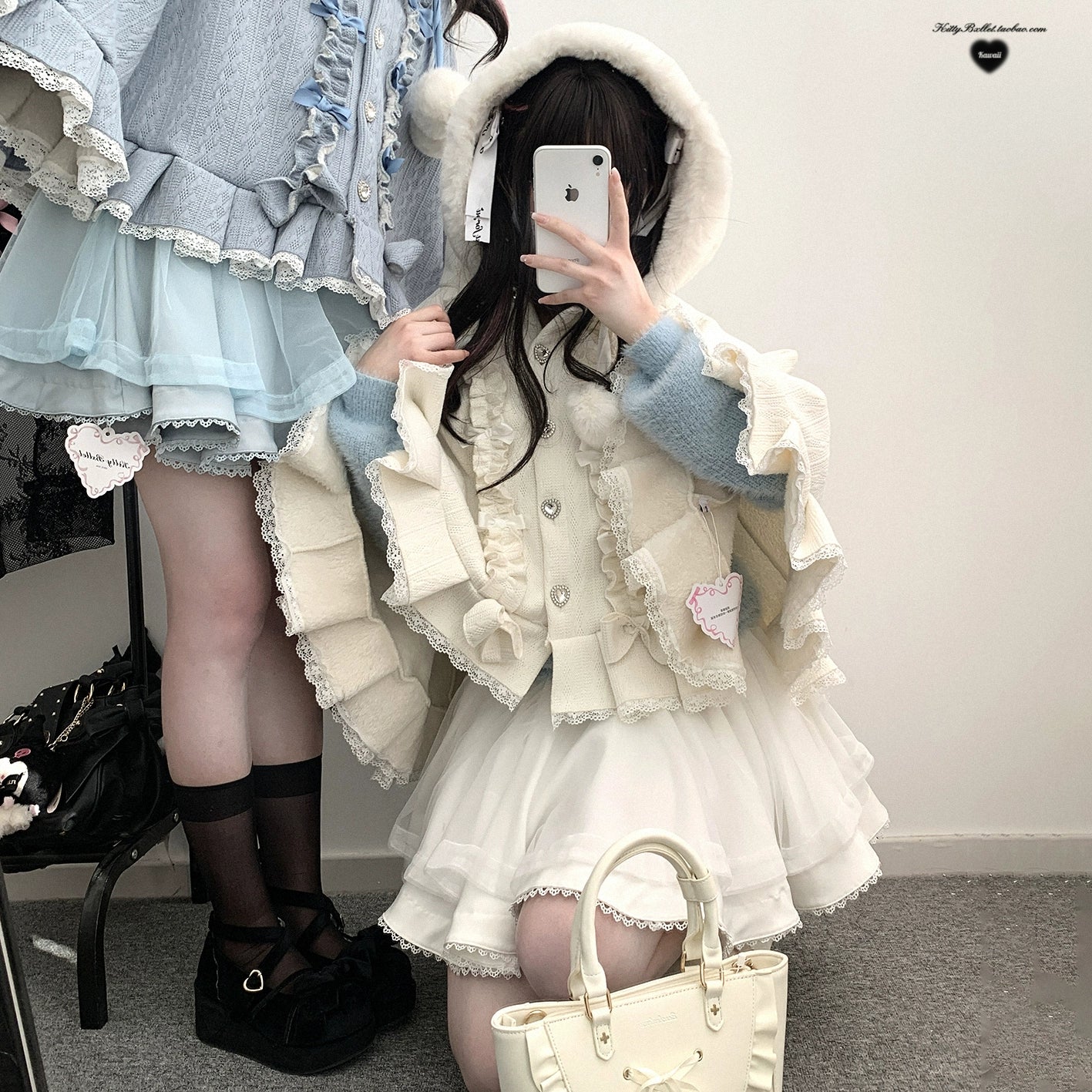 Blue tulle Jirai Kei mini skirt on mannequin displaying the rhinestone-embellished waistband and voluminous skirt silhouette