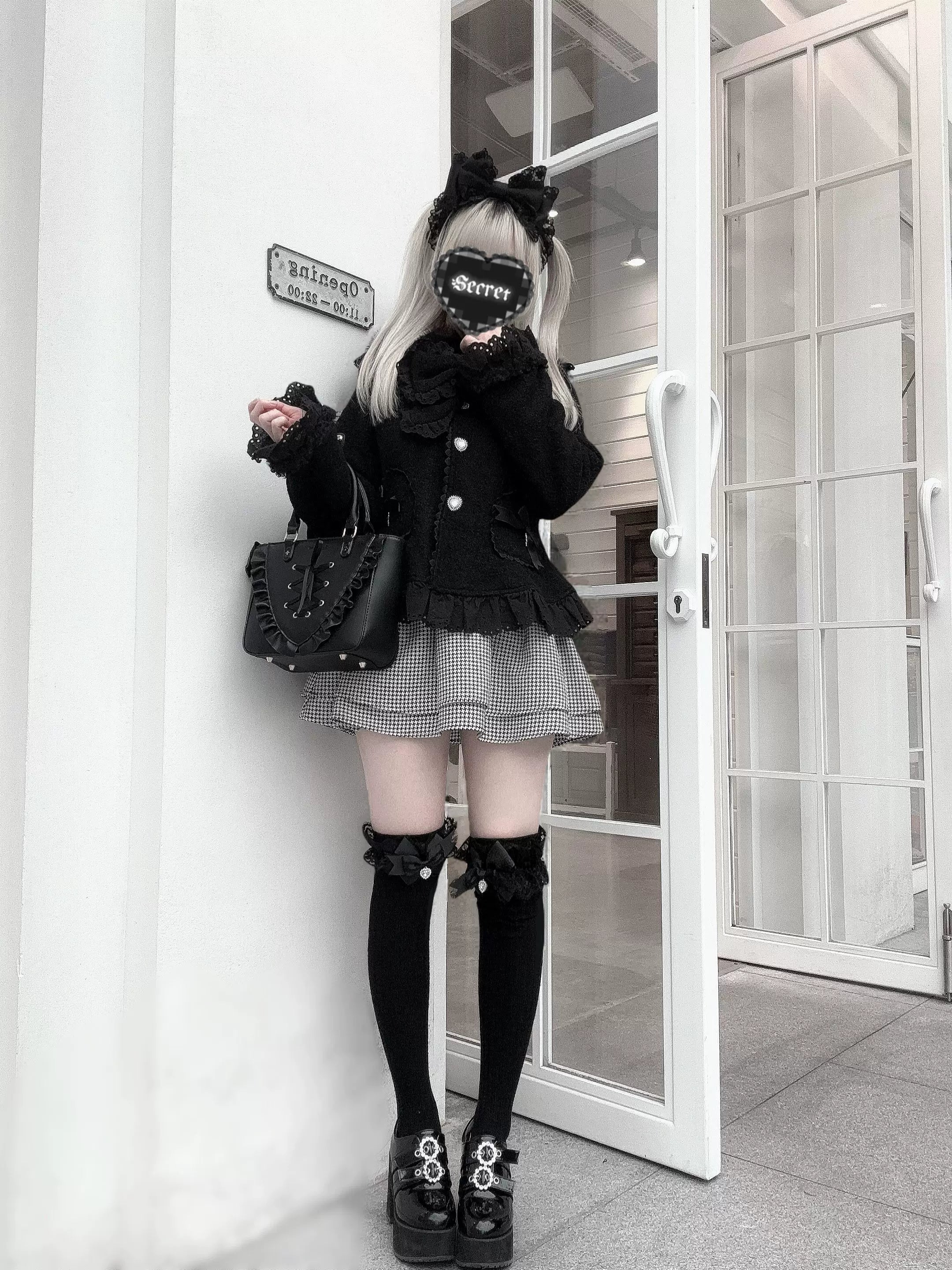 Sweet Jirai Kei Ryousangata coat three color options displayed together - black pink and cream off-white side by side comparison