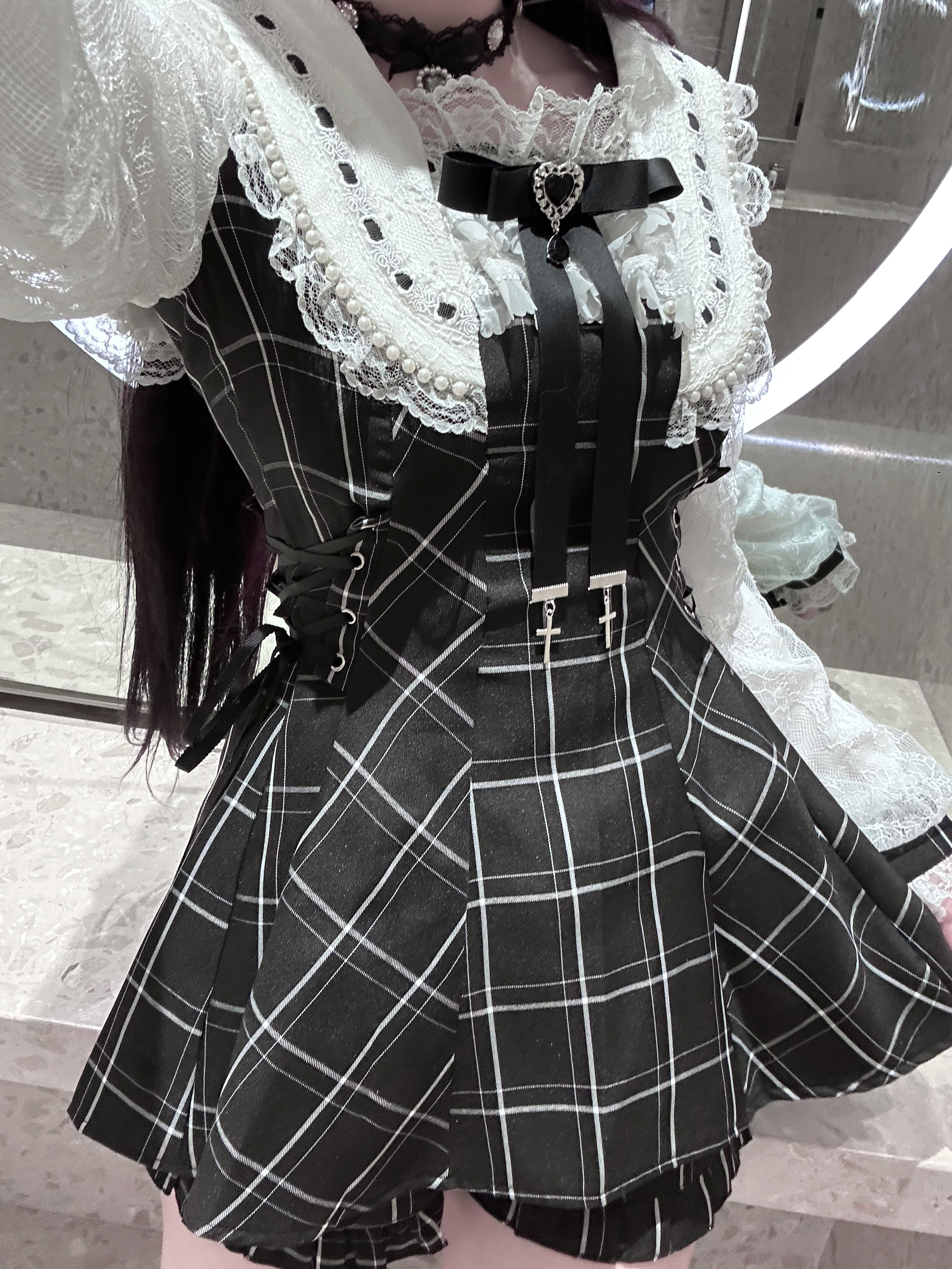 Dress fabric texture close-up showing lace pattern quality weave of TR blend black or polyester plaid variant