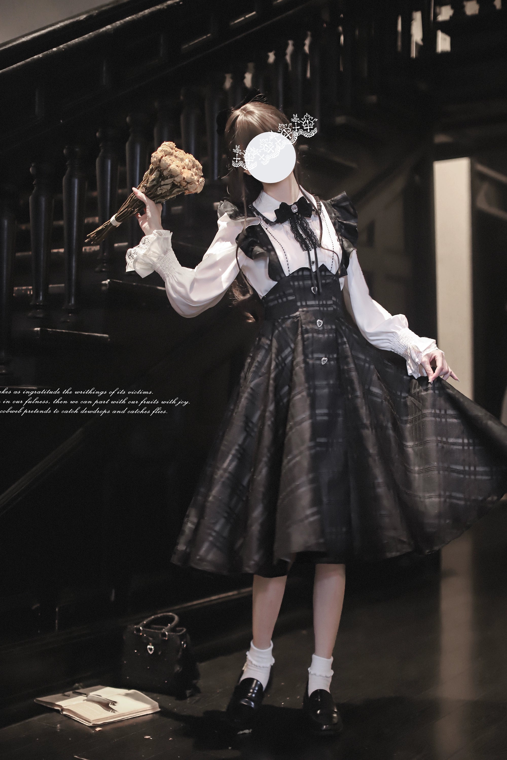 Seiso Kei two-piece suspender plaid skirt outfit with delicate lace blouse and bow tie accessory, comprehensive product showcase for Japanese subculture fashion coordinate