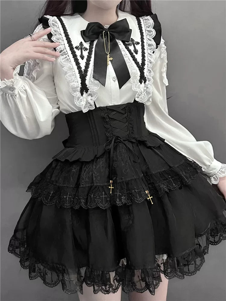 Jirai Kei blouse and skirt close-up detail chest waist lace collar cross bow pendant corset band embroidery