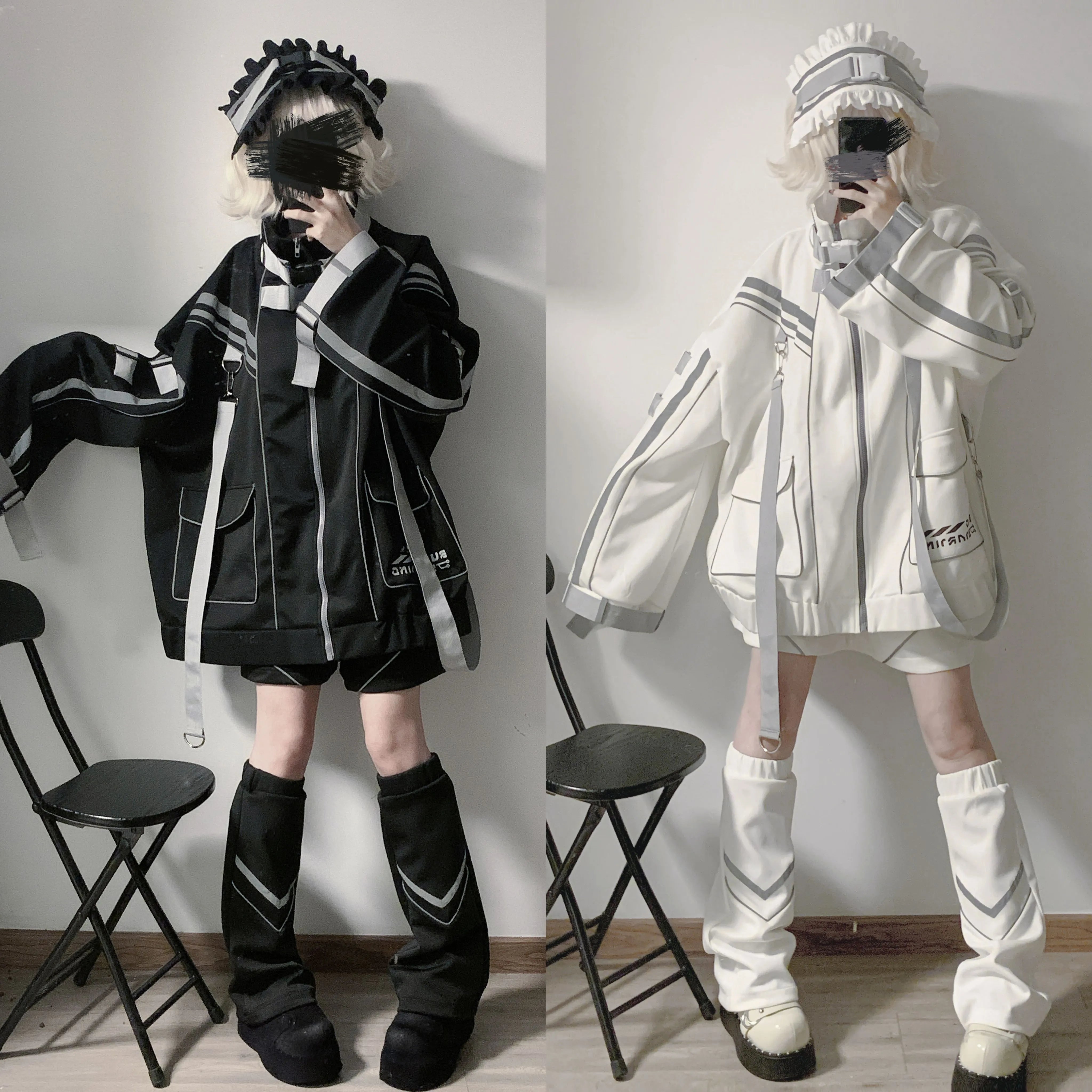 Black and white Jirai Kei oversized punk jacket side-by-side mirror comparison reflective stripes loose fit aesthetic