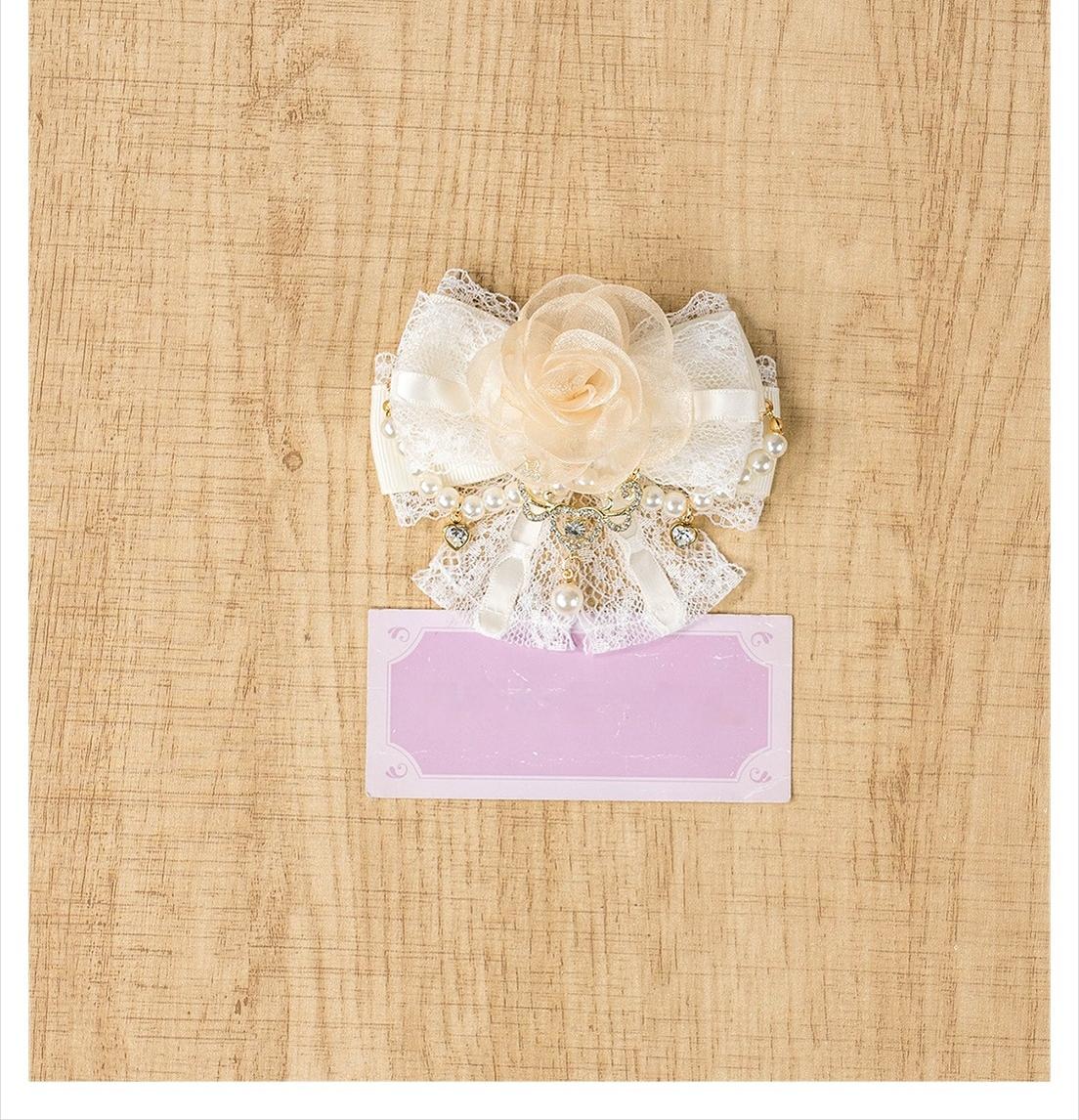 Single apricot rose hair clip with hand-crafted tulle rose layered lace bow and dangling pearl charm