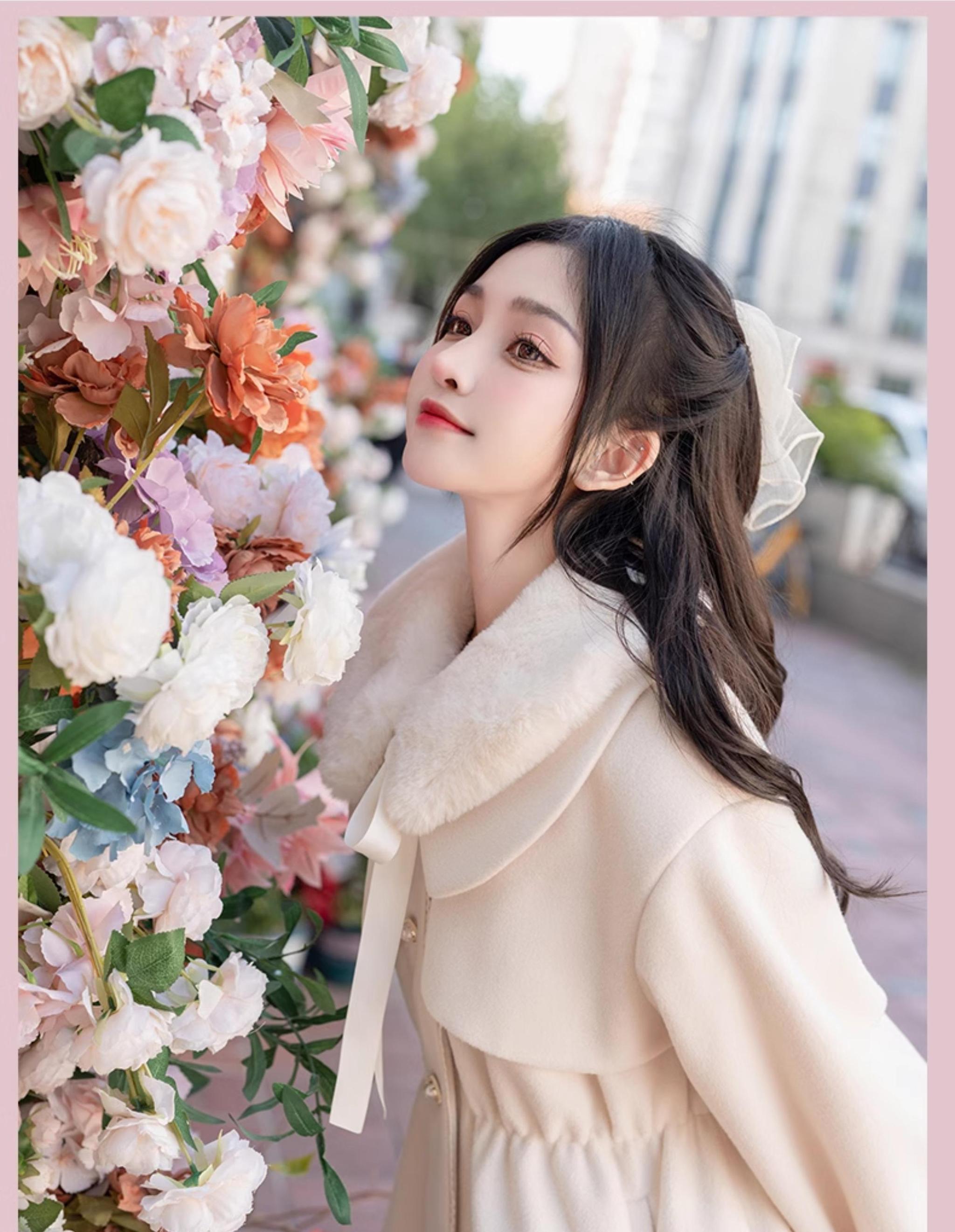 Ryousangata Jirai Kei winter coat with accessories styling - coat paired with bow handbag and hair accessories showing complete Jirai Kei aesthetic coordination