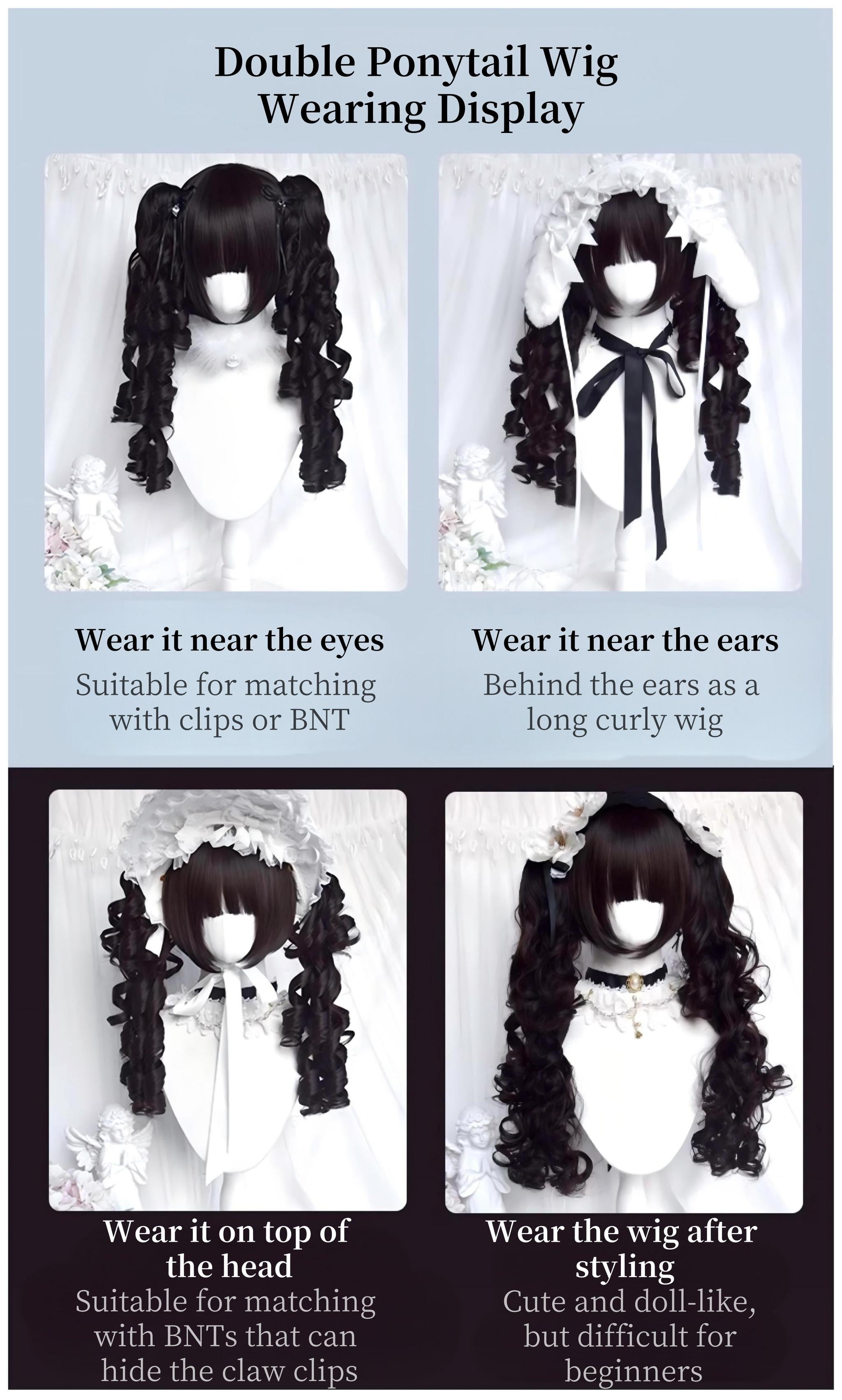 Complimentary comb and hair net included with Jirai Kei black Roman curly double ponytail wig purchase