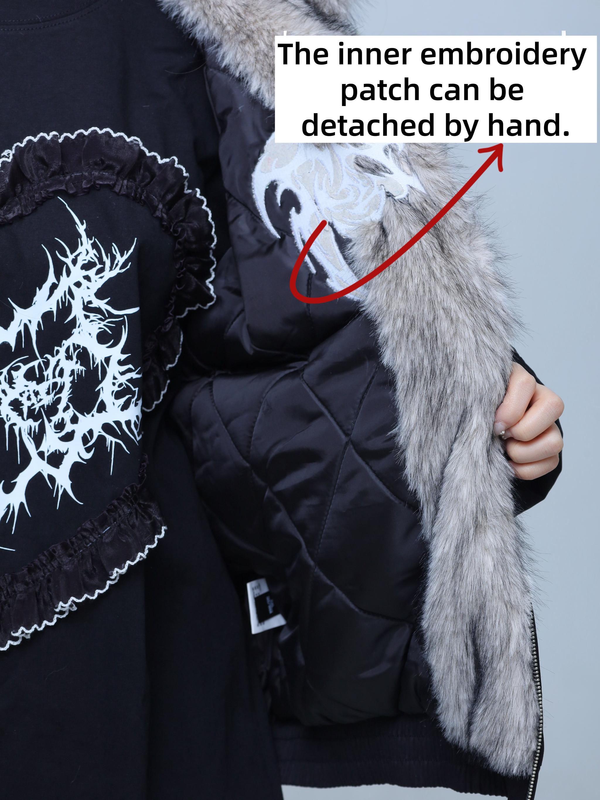 Close-up detail shot of grey faux fur hood trim removable embroidery patch quilted padded lining waterproof jacket construction