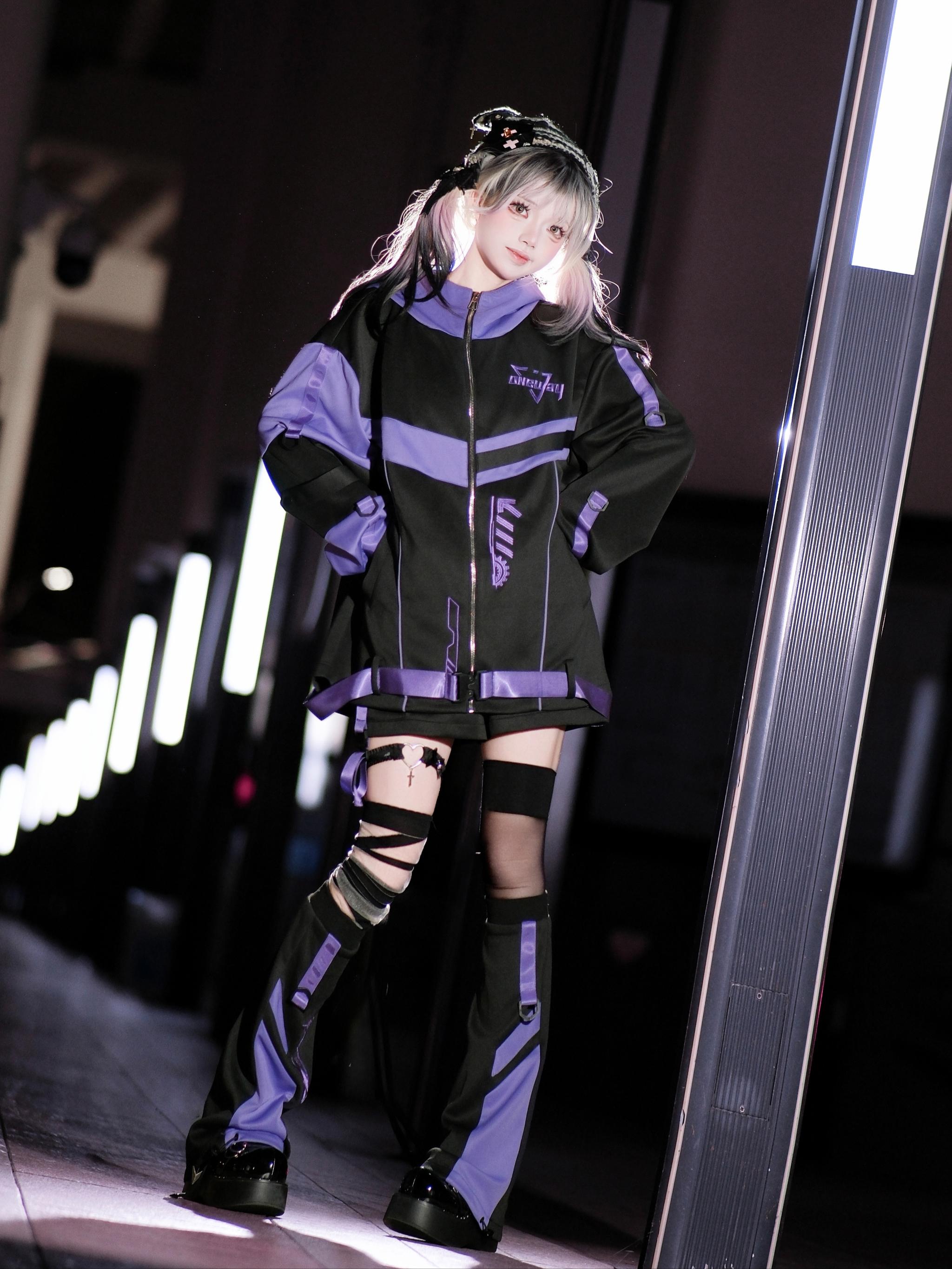 Techwear leg warmers with black purple jacket - showing coordinated styling and how pieces work together