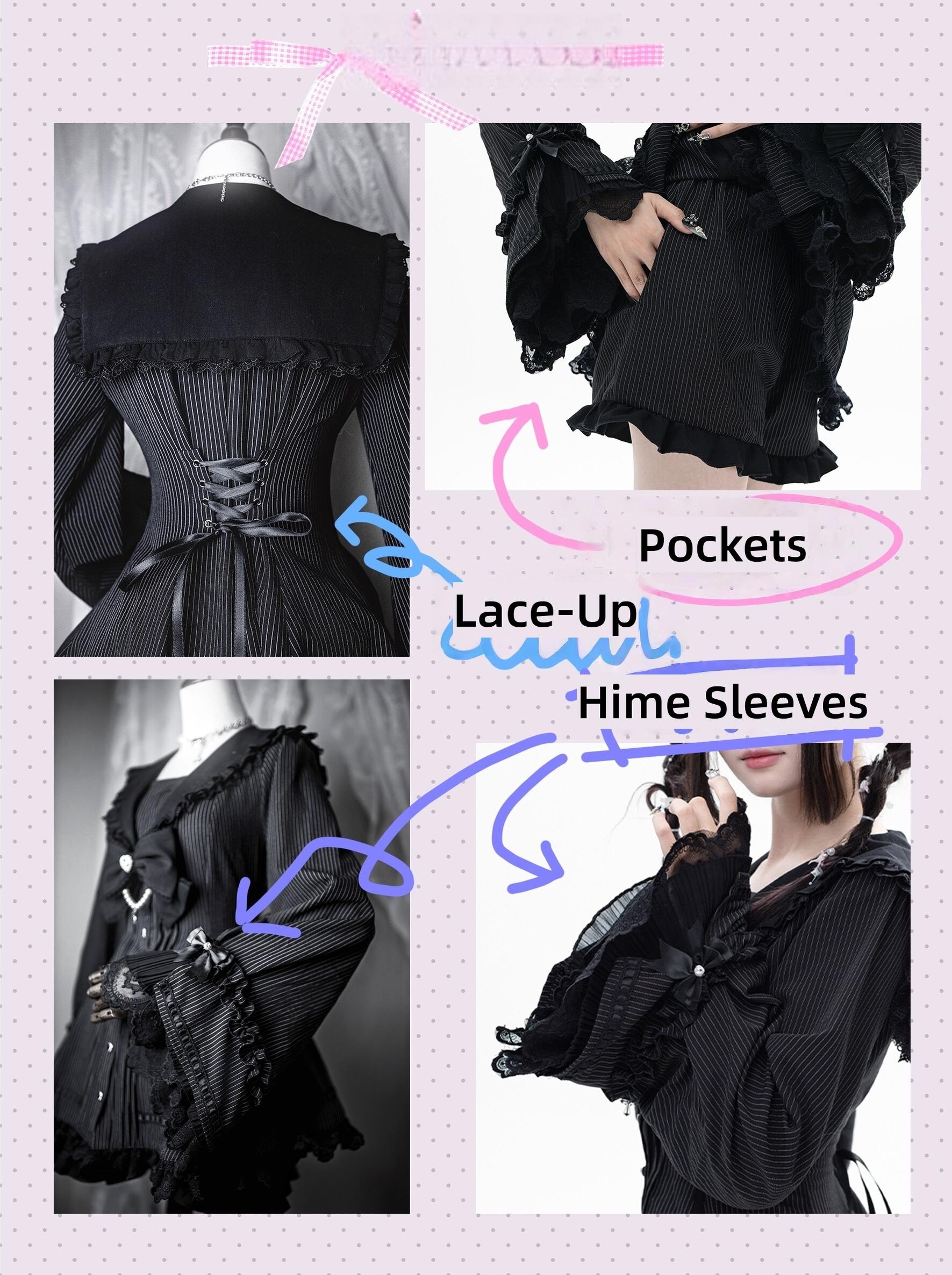 Jirai Kei hime puff sleeve dress with heart-shaped buttons and removable bow tie, detailed product photography showing texture of lace trim and delicate stitching