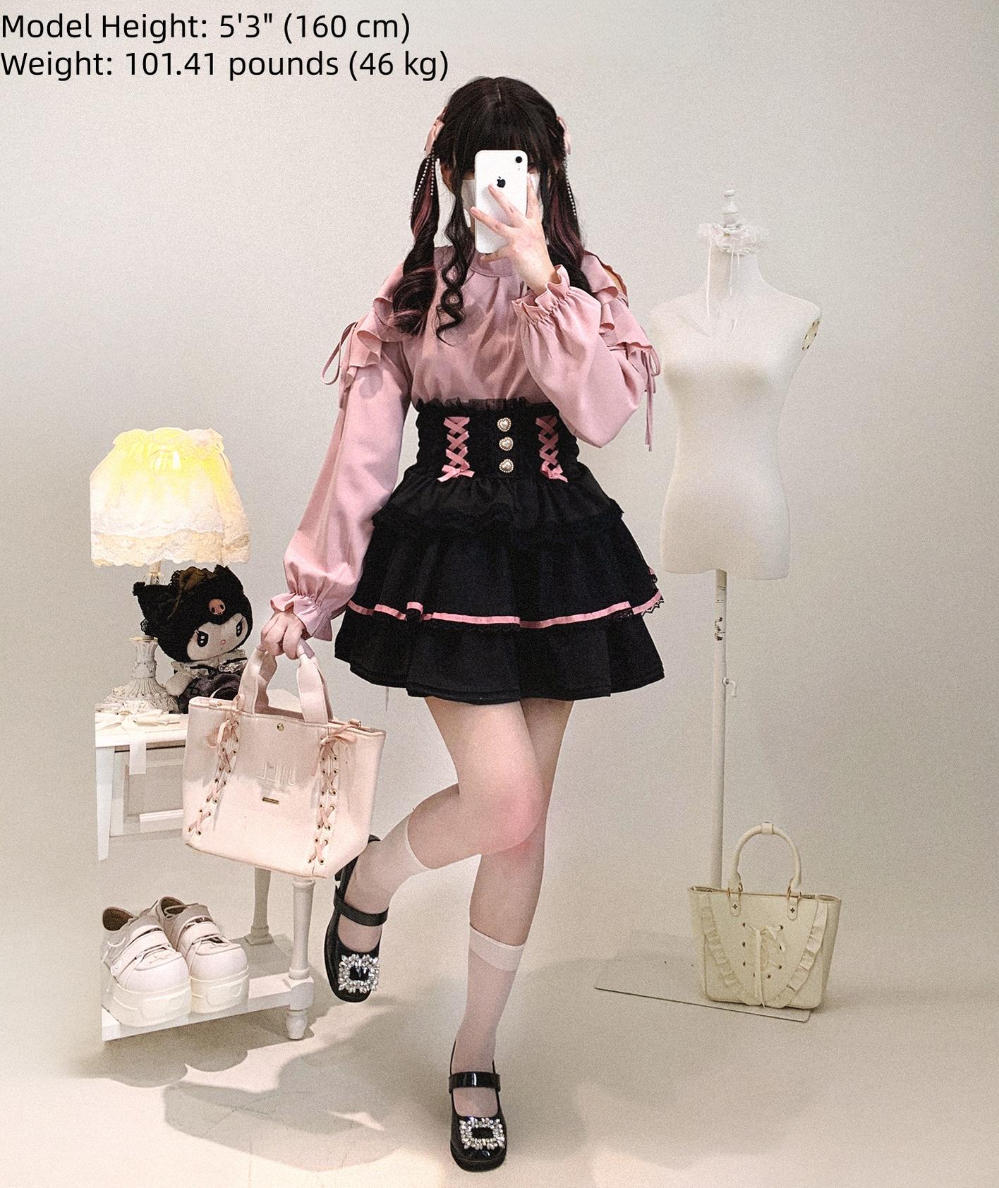 Pink cold-shoulder ruffled blouse Jirai Kei outfit selfie with Mary Jane shoes ruffled skirt set styling