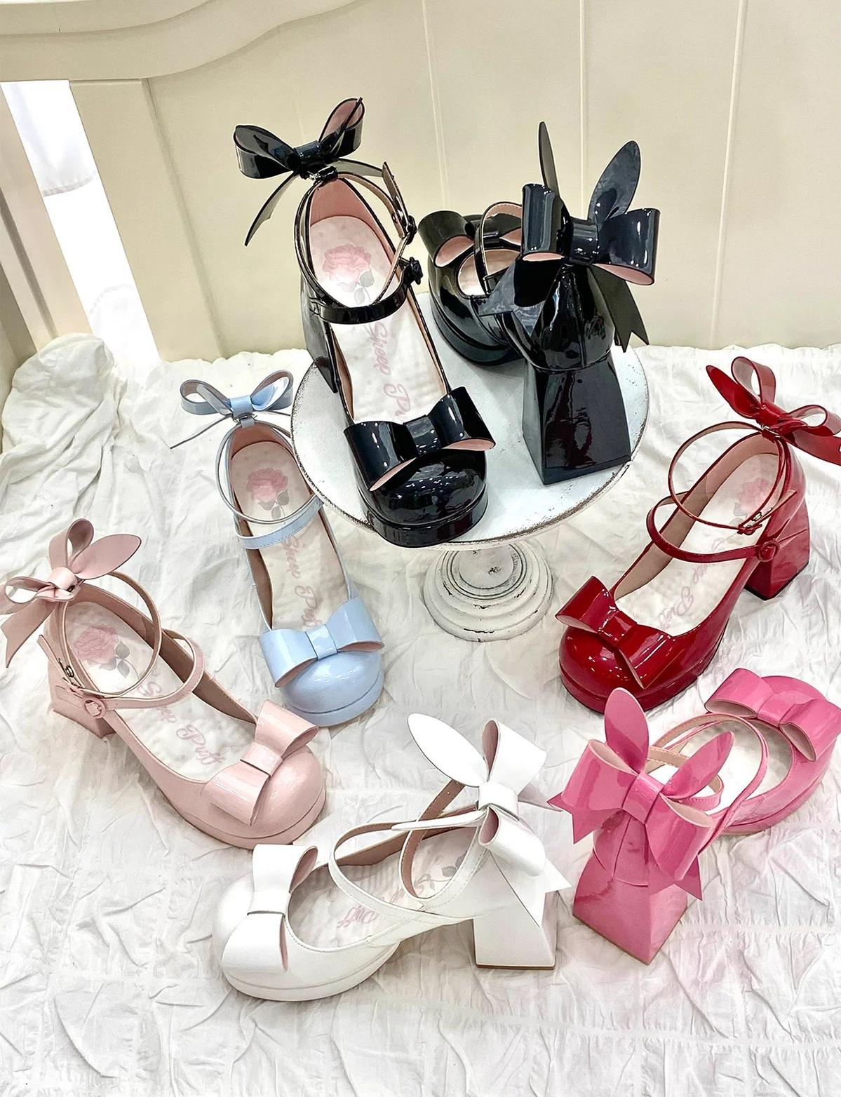 Jirai Kei bunny ear bow heels front back and side angles showing complete design structure detailing and embellishments