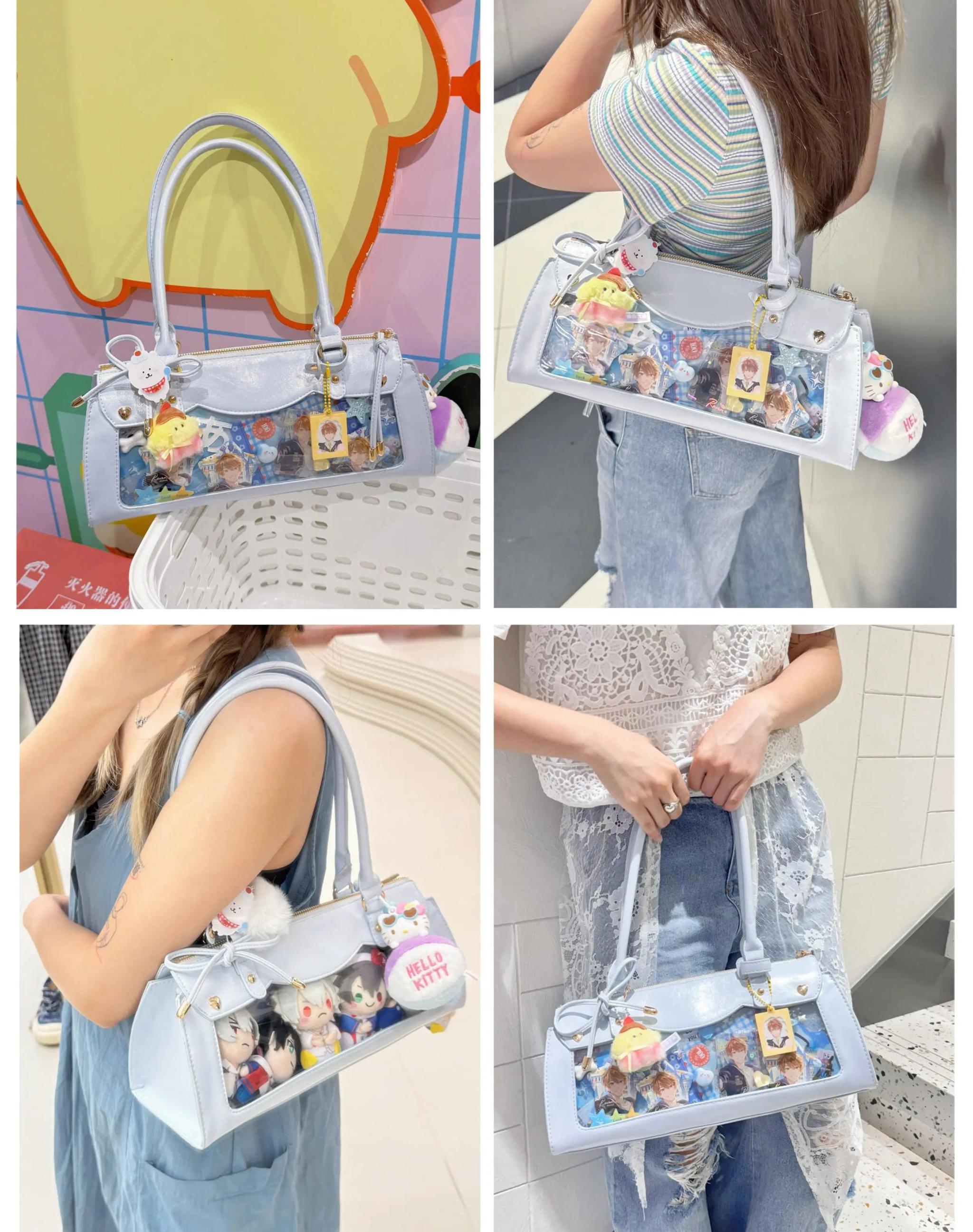 Jirai Kei baguette itabag flat lay photography with character collection and kawaii accessories styling