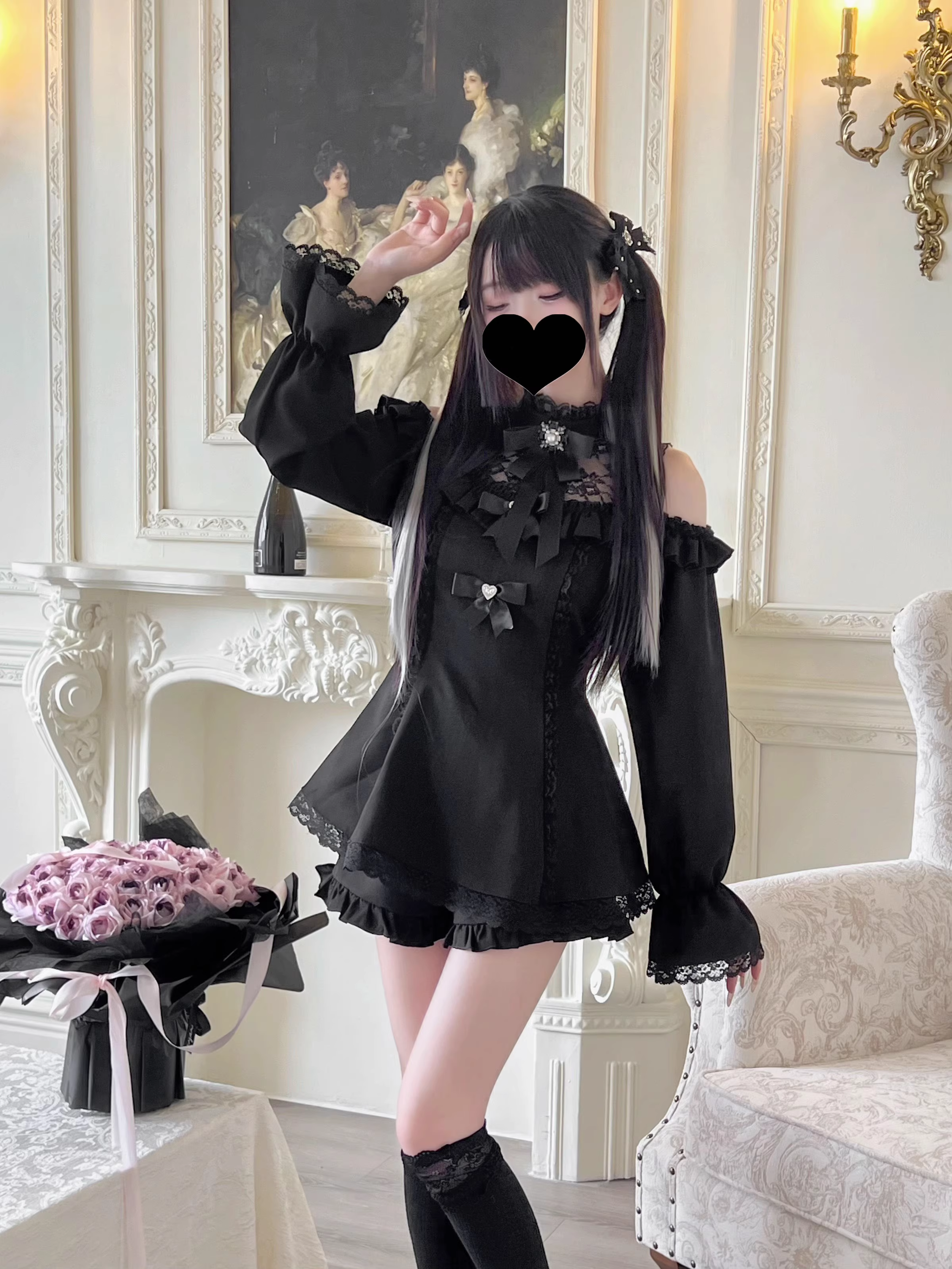 Off-shoulder Jirai Kei dress shorts set complete look with vintage room and accessories styling