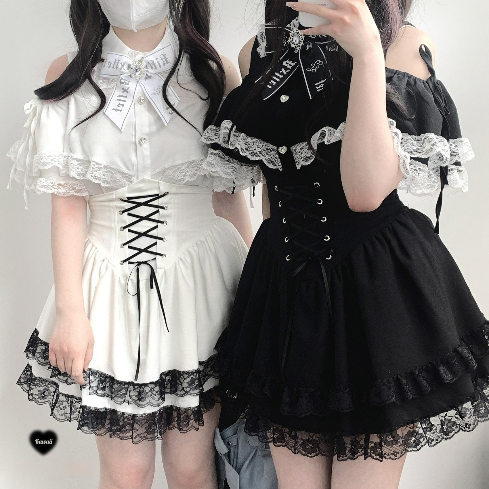 White and black Jirai Kei lace off-shoulder blouses with corset styling and bow accessories full outfit coordination