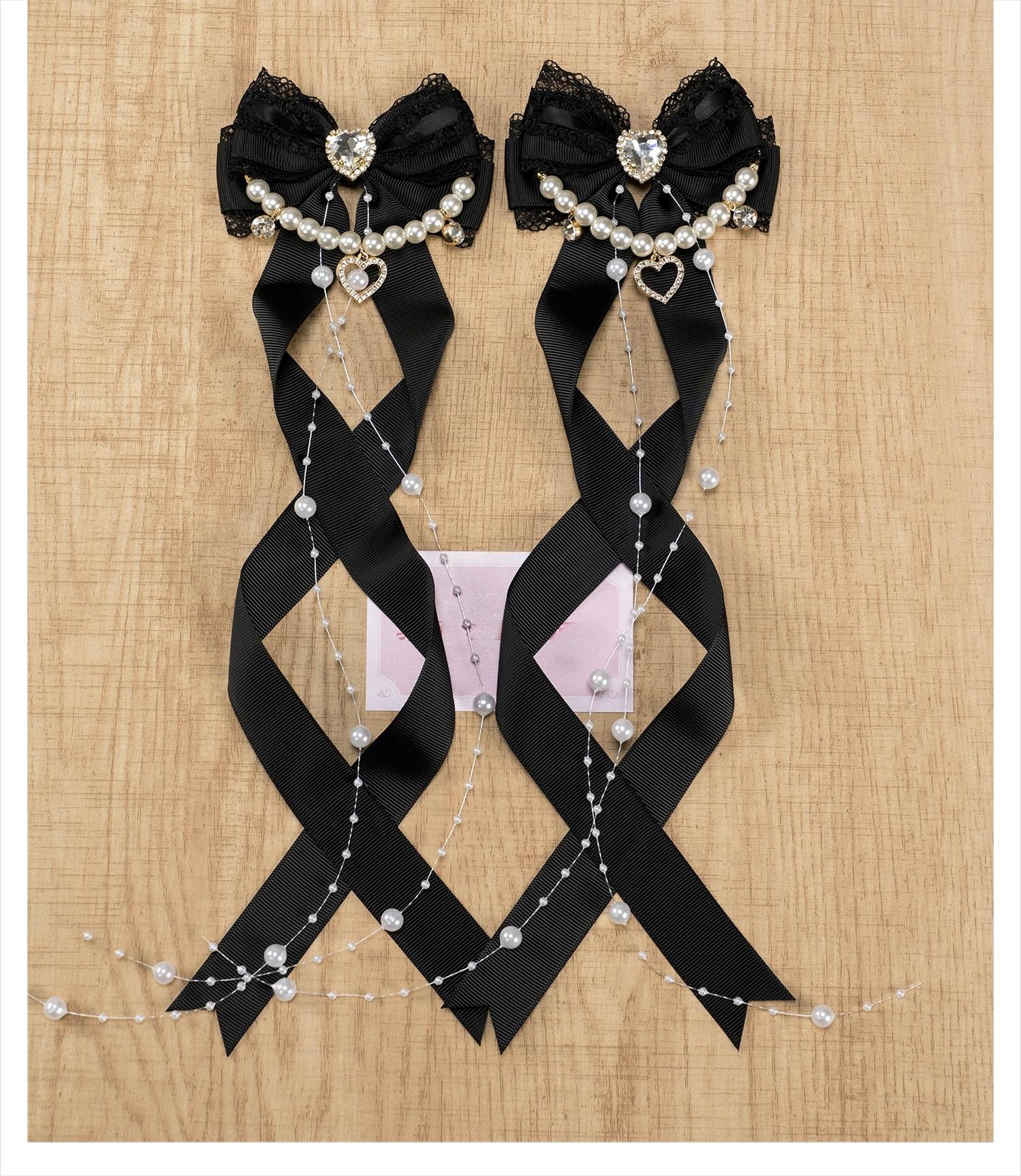 Jirai Kei black bow hair clips with pearl chain and heart rhinestone accent ribbon knit fabric lace trim